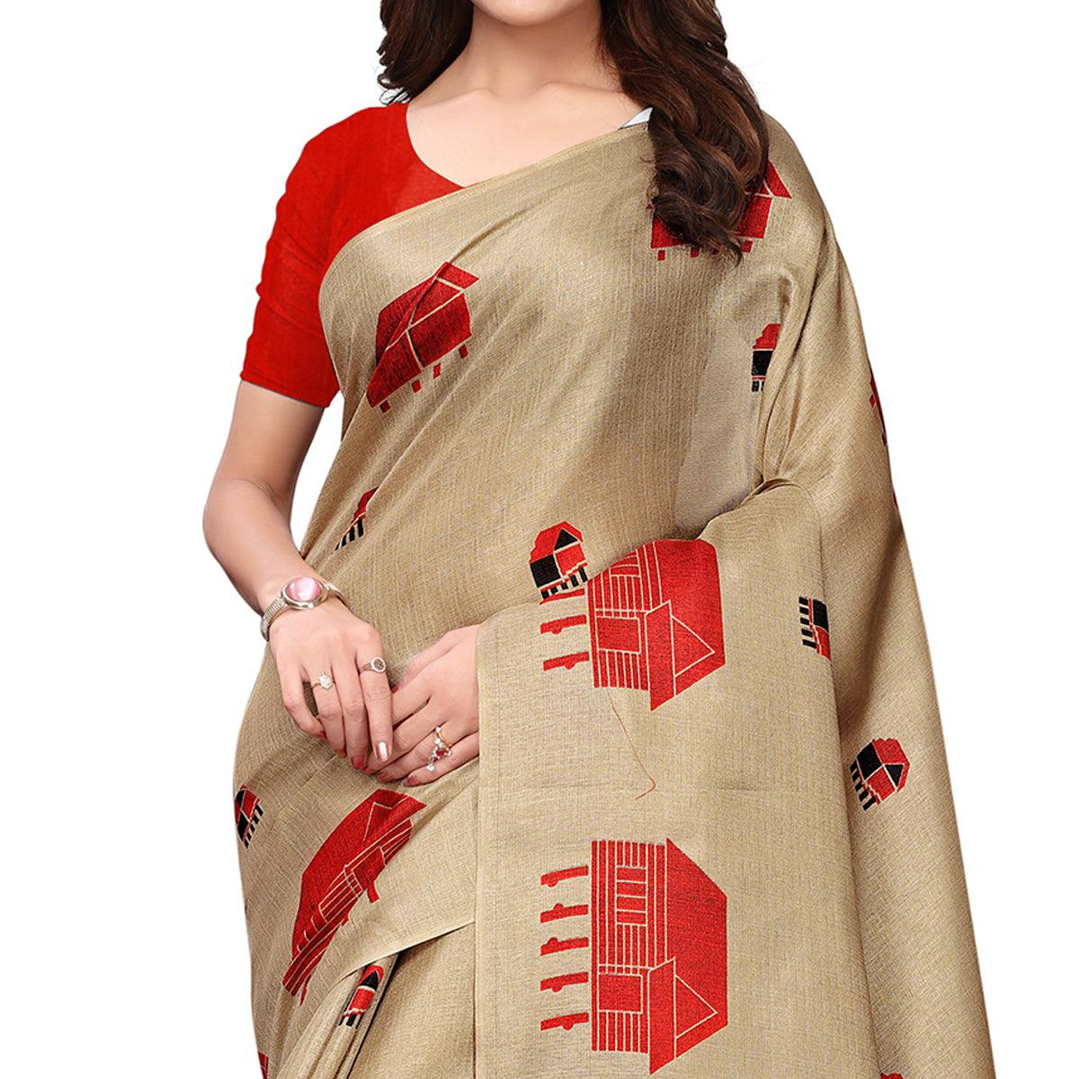Delightful Chiku Colored Festive Wear Printed Art Silk Saree - Peachmode