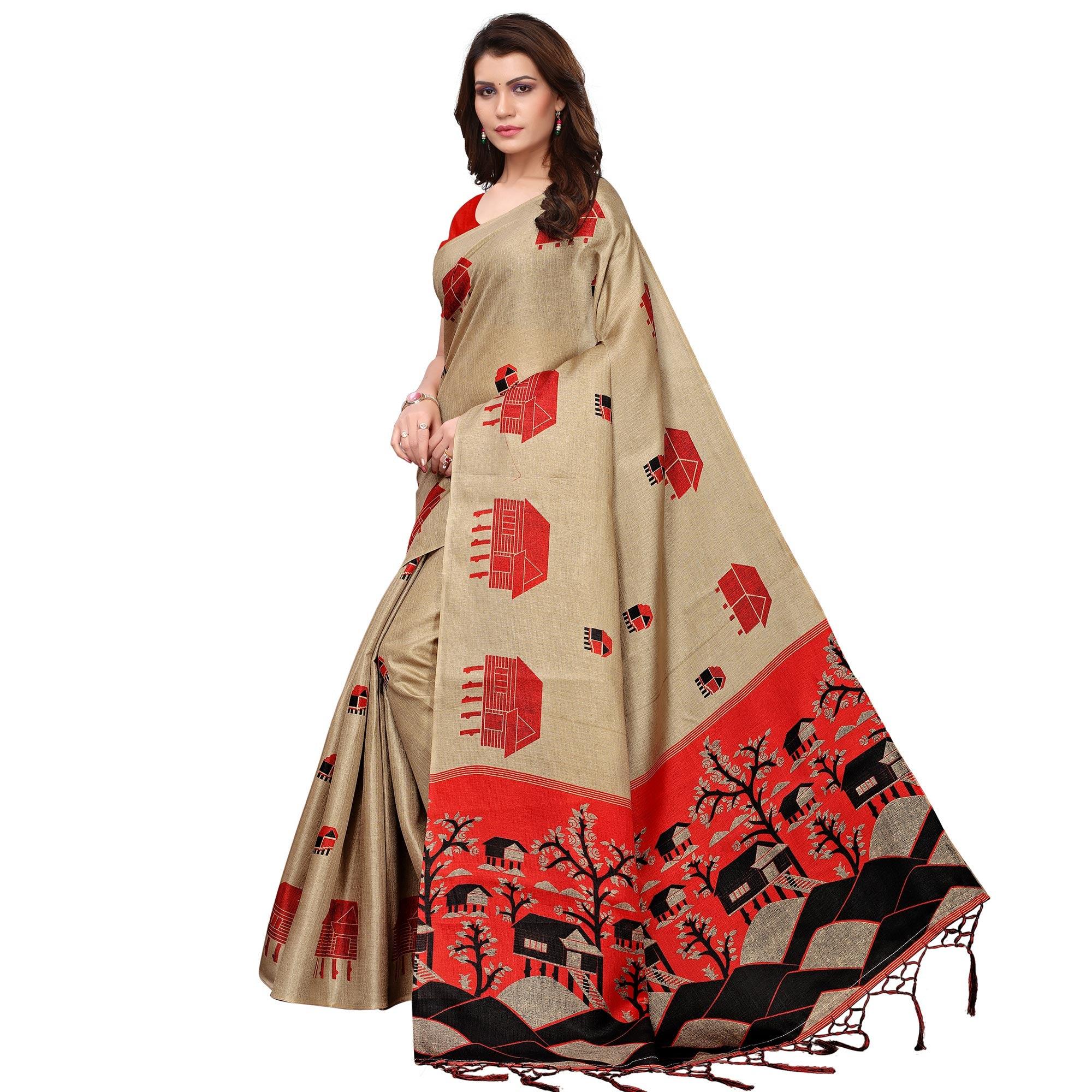 Delightful Chiku Colored Festive Wear Printed Art Silk Saree - Peachmode