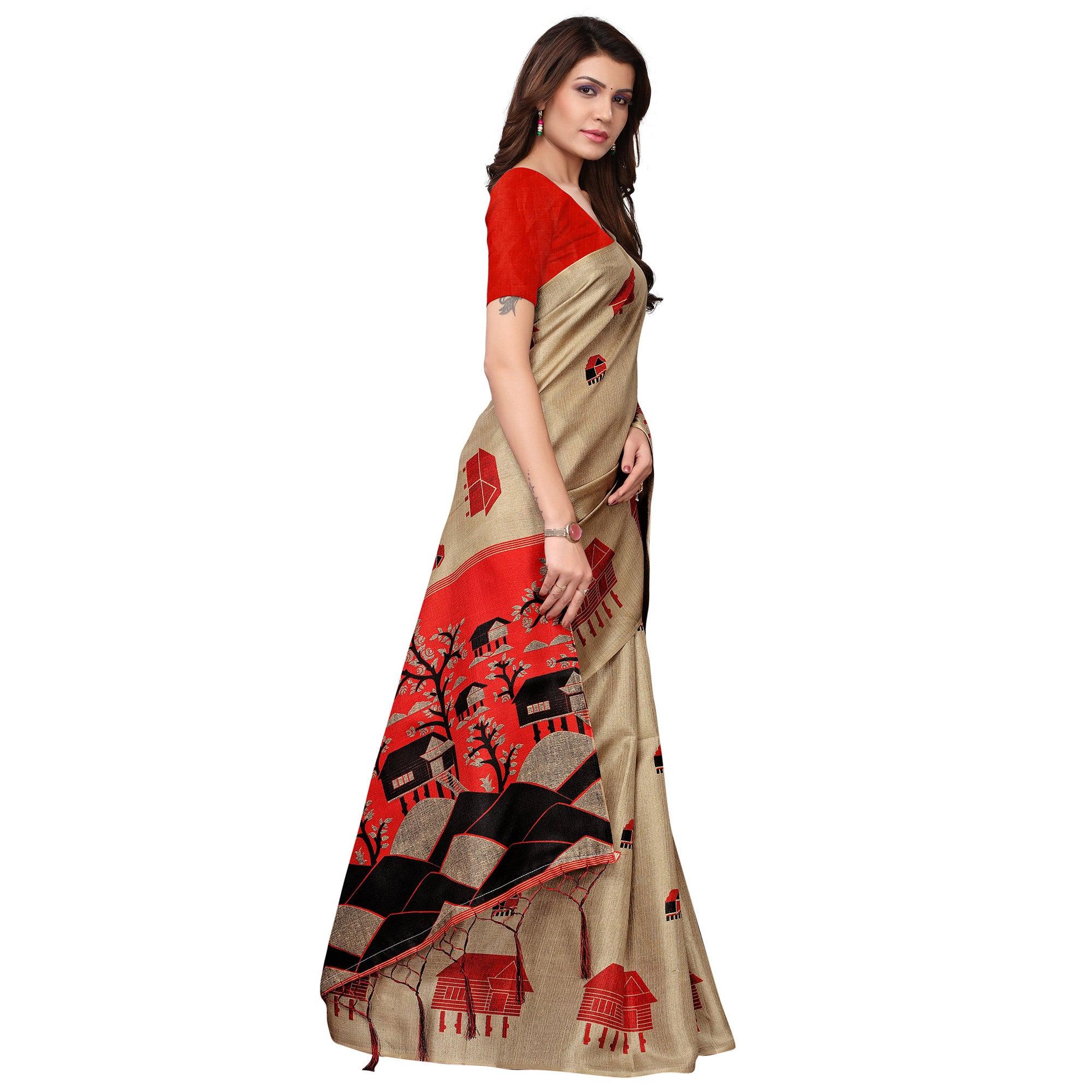 Delightful Chiku Colored Festive Wear Printed Art Silk Saree - Peachmode