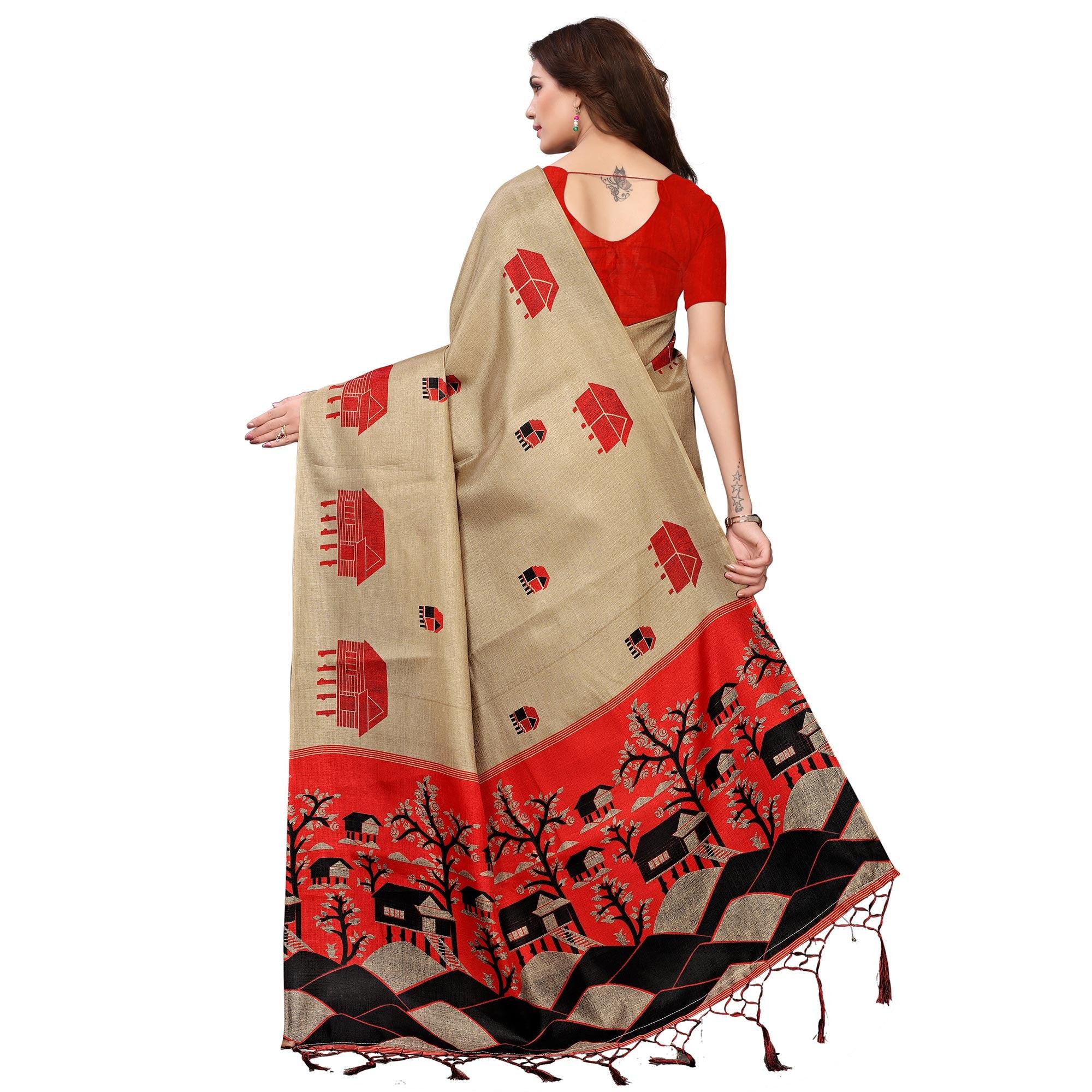 Delightful Chiku Colored Festive Wear Printed Art Silk Saree - Peachmode