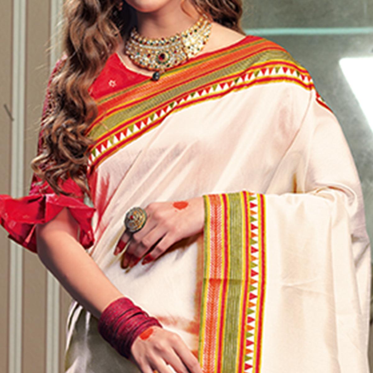 Delightful Cream Colored Festive Wear Patola Silk saree - Peachmode