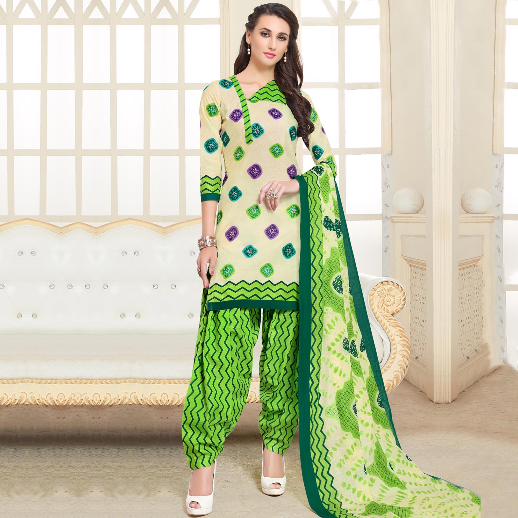 Delightful Cream-Green Colored Casual Wear Printed Cotton Patiala Dress Material - Peachmode