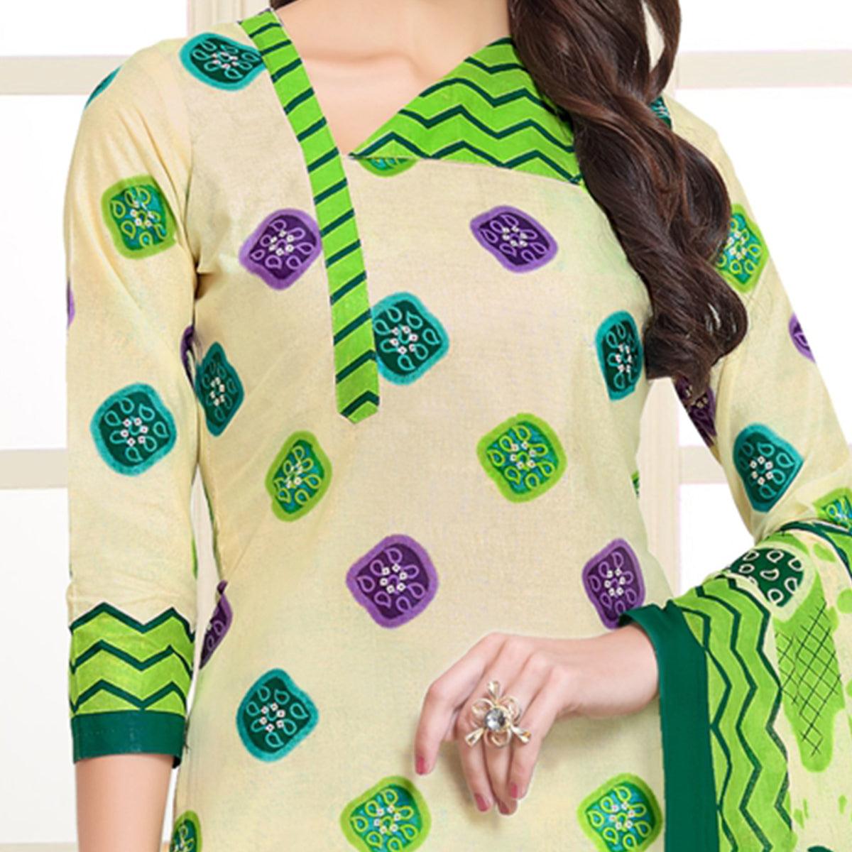 Delightful Cream-Green Colored Casual Wear Printed Cotton Patiala Dress Material - Peachmode