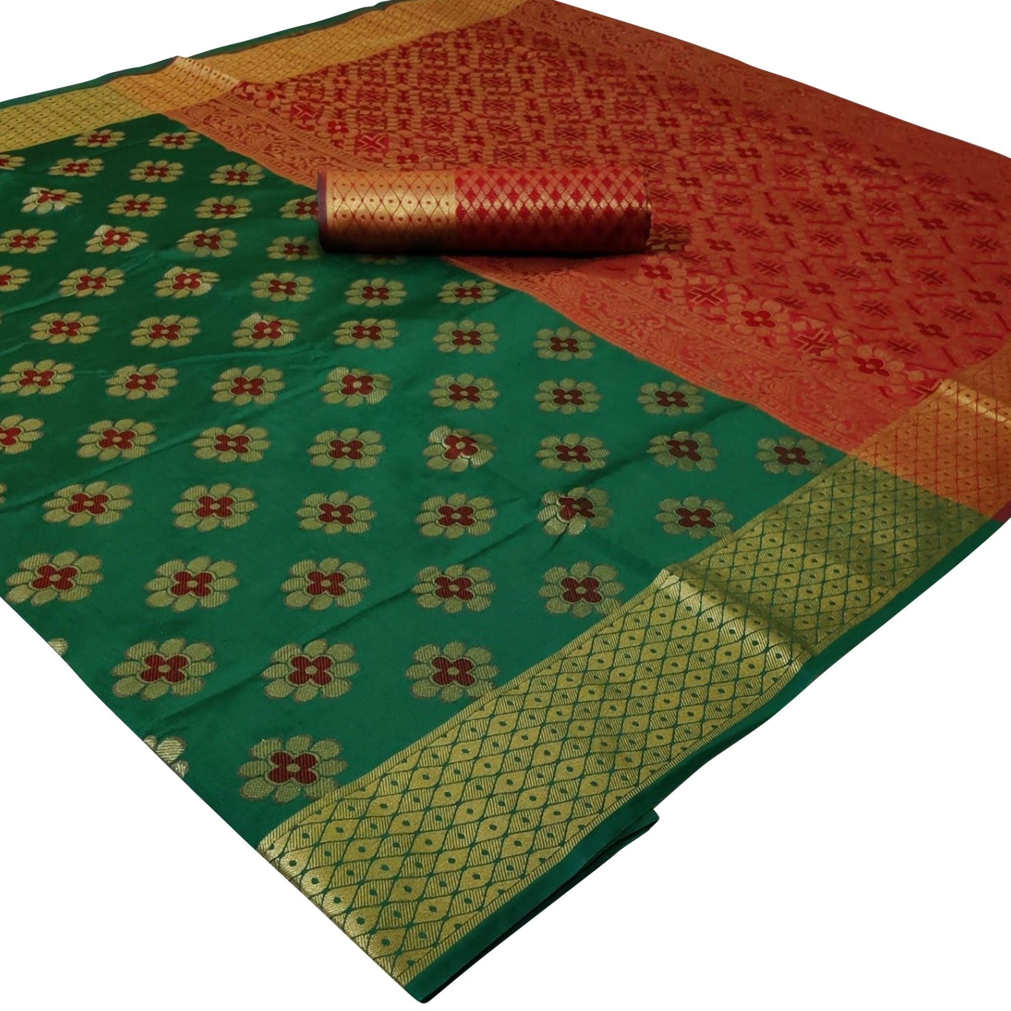 Delightful Dark Green Colored Festive Wear Woven Silk Saree - Peachmode