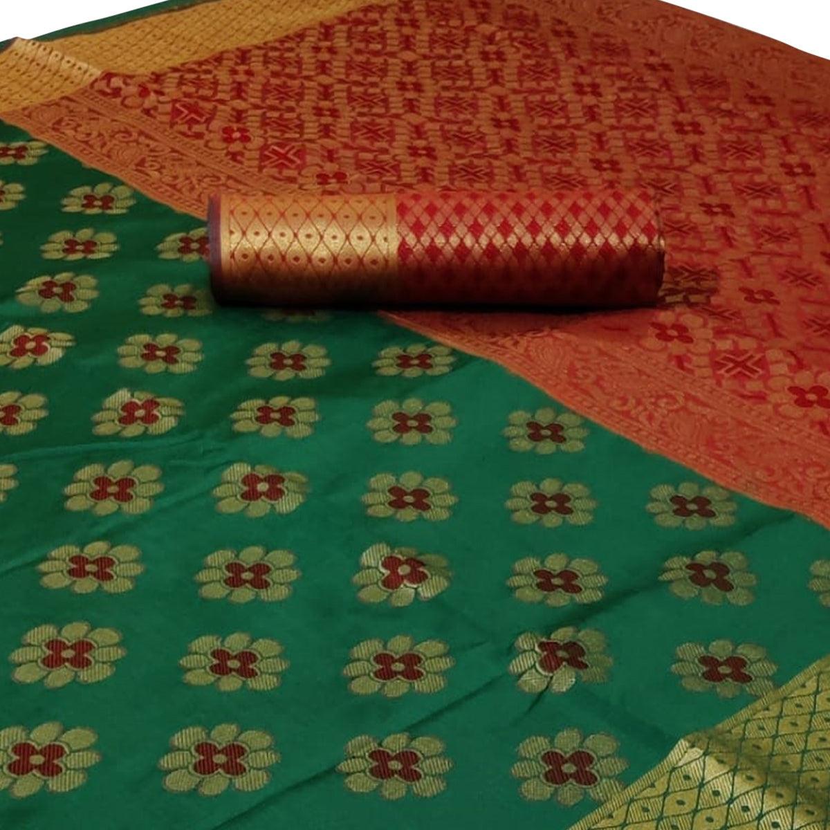 Delightful Dark Green Colored Festive Wear Woven Silk Saree - Peachmode