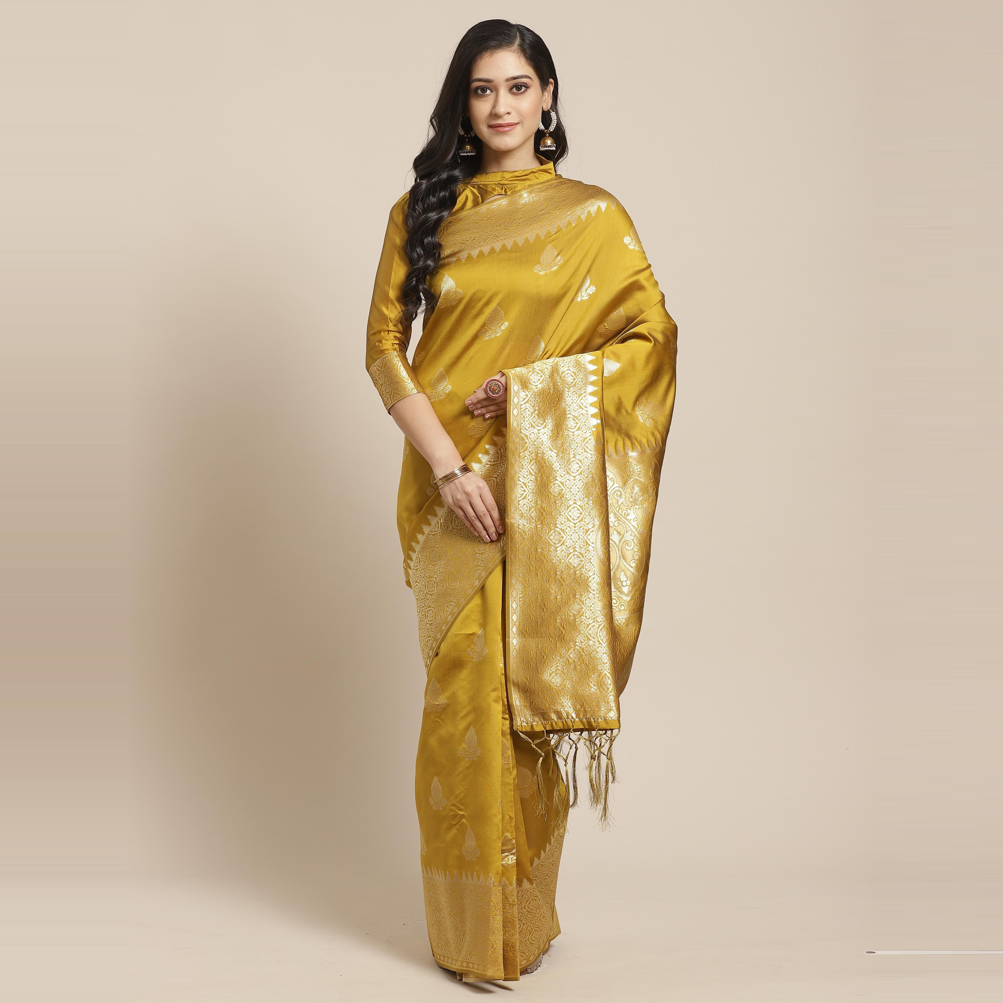 Delightful Gold Colored Festive Wear Woven Silk Saree - Peachmode