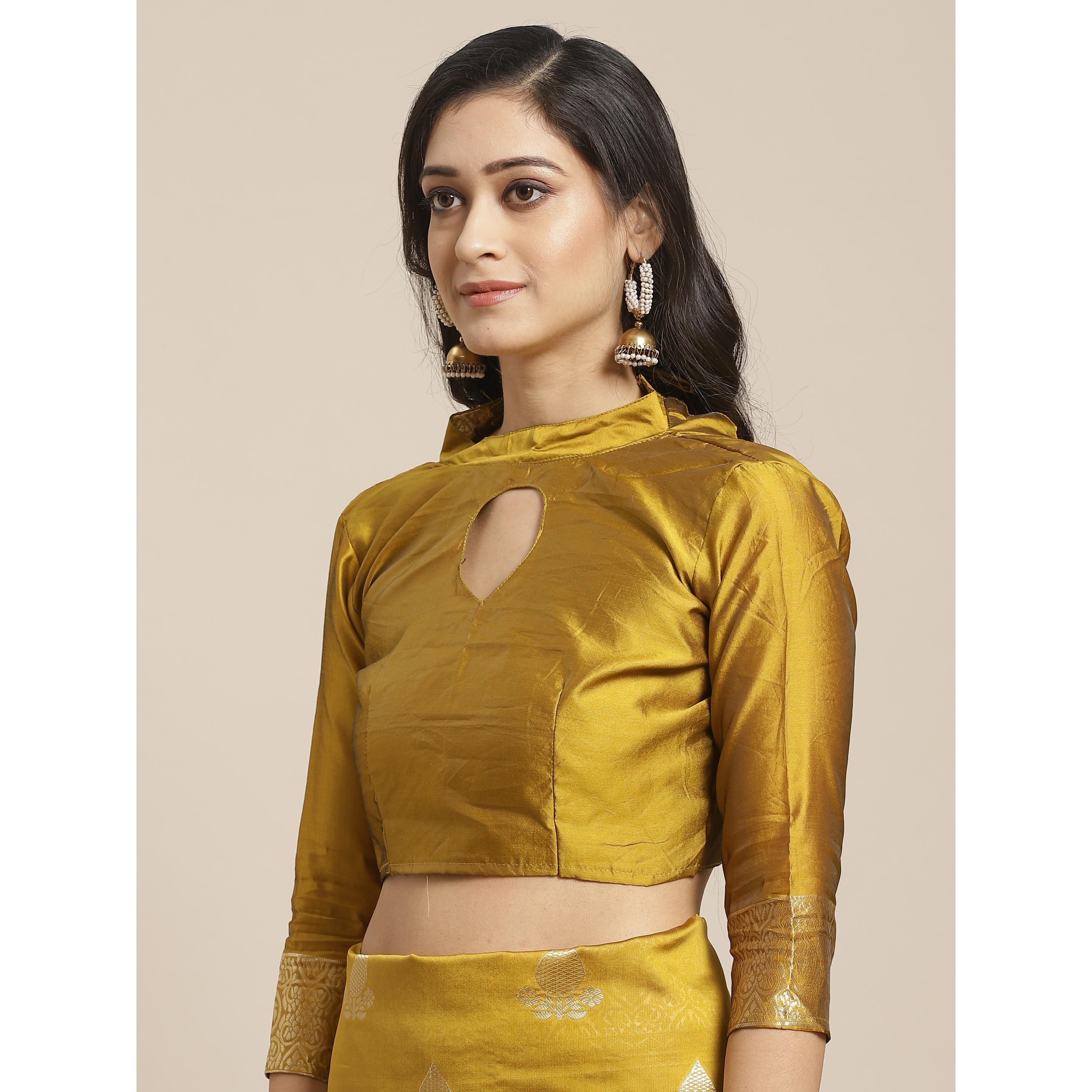 Delightful Gold Colored Festive Wear Woven Silk Saree - Peachmode