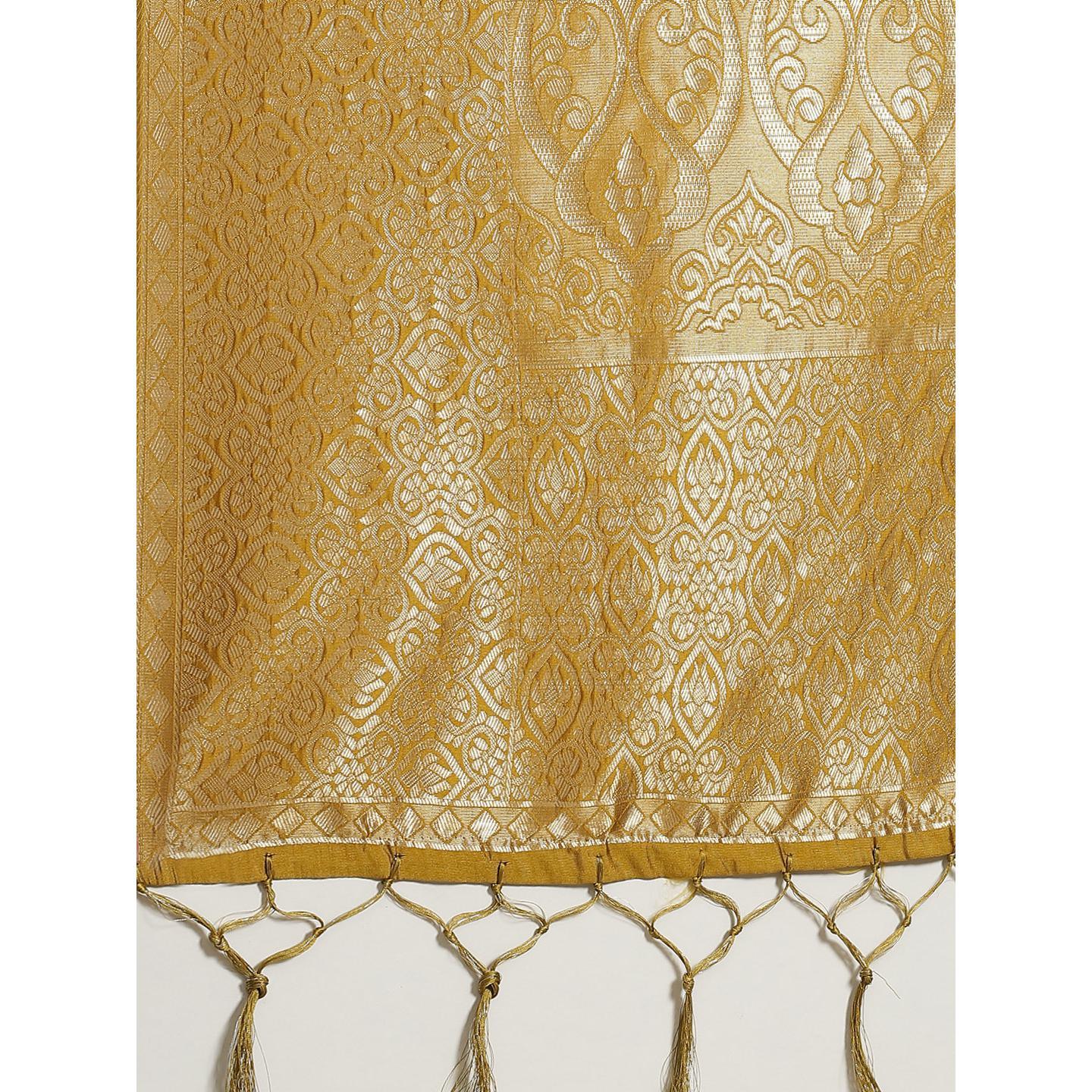 Delightful Gold Colored Festive Wear Woven Silk Saree - Peachmode