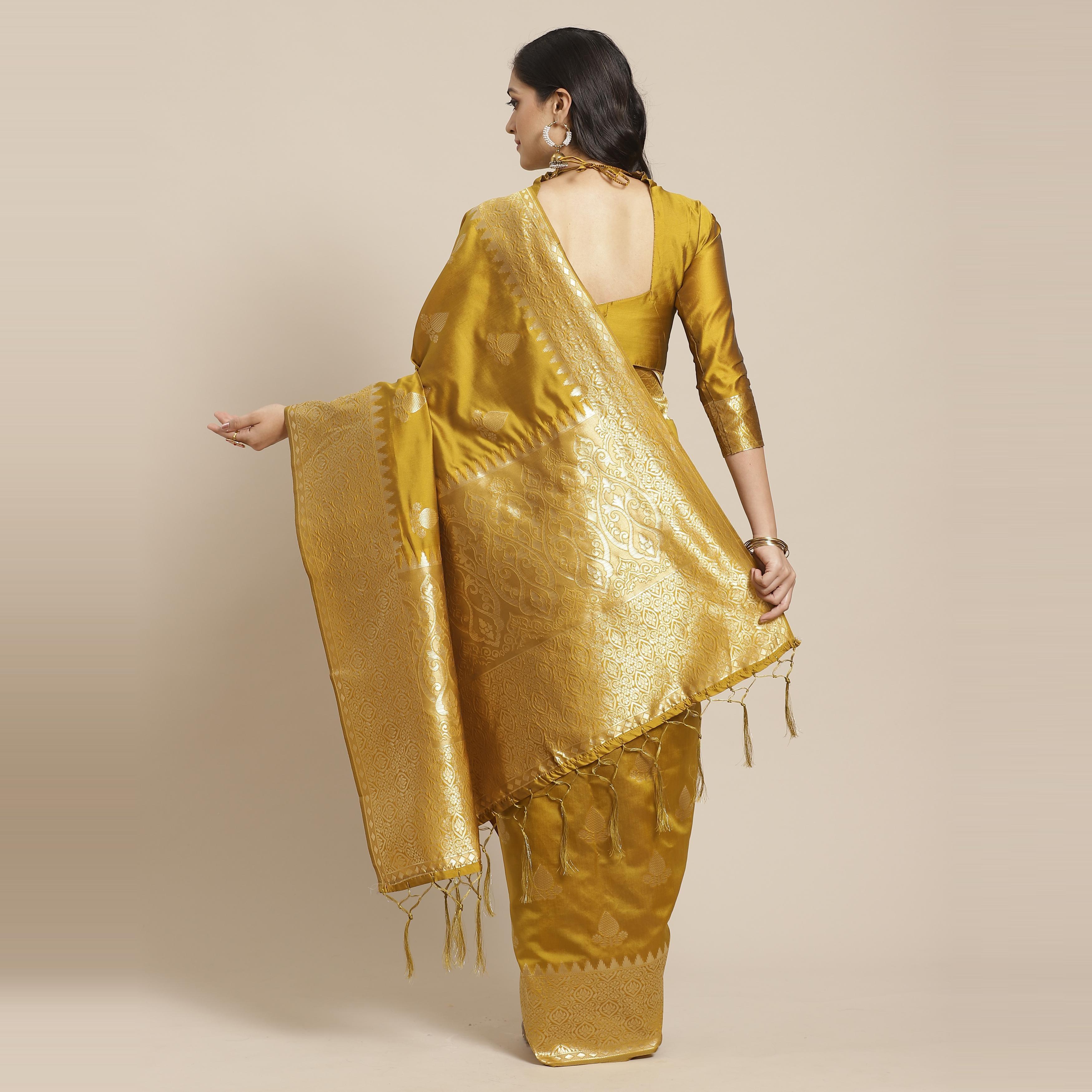 Delightful Gold Colored Festive Wear Woven Silk Saree - Peachmode
