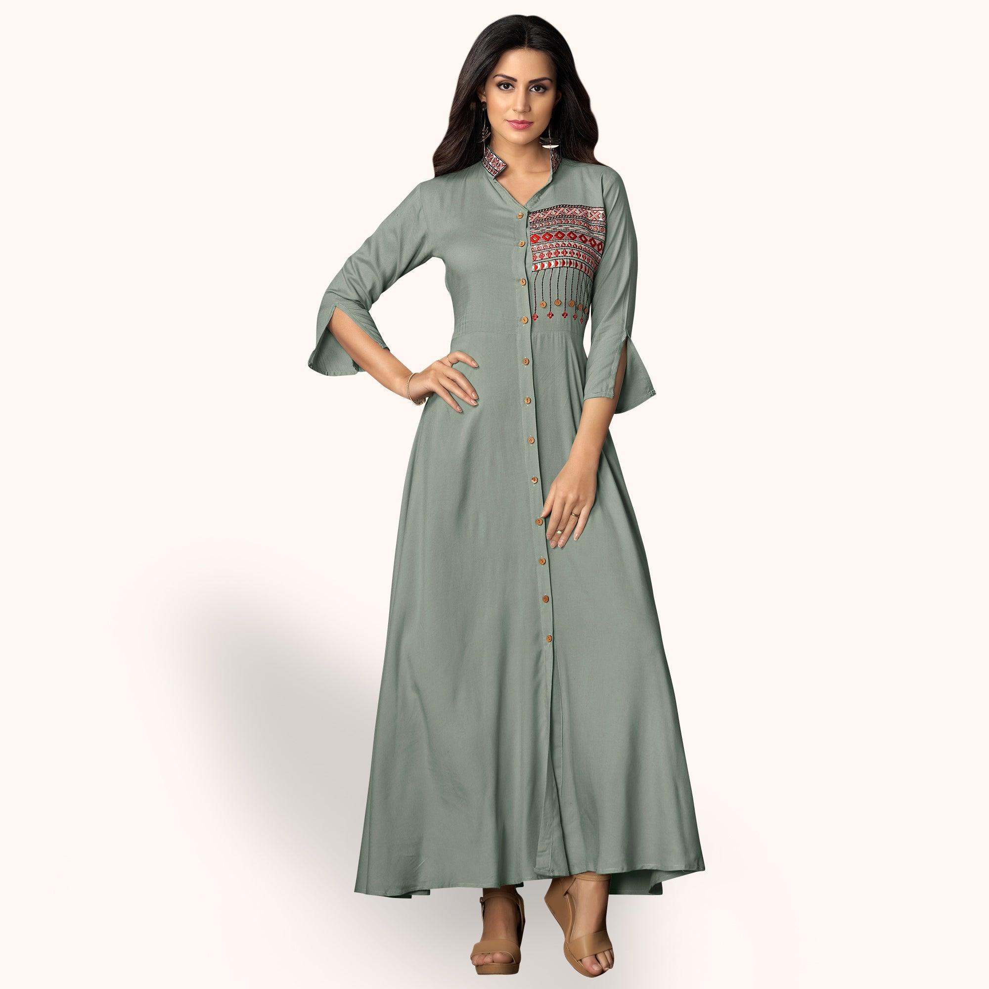 Delightful Gray Colored Partywear Embroidered Rayon Kurti - Peachmode