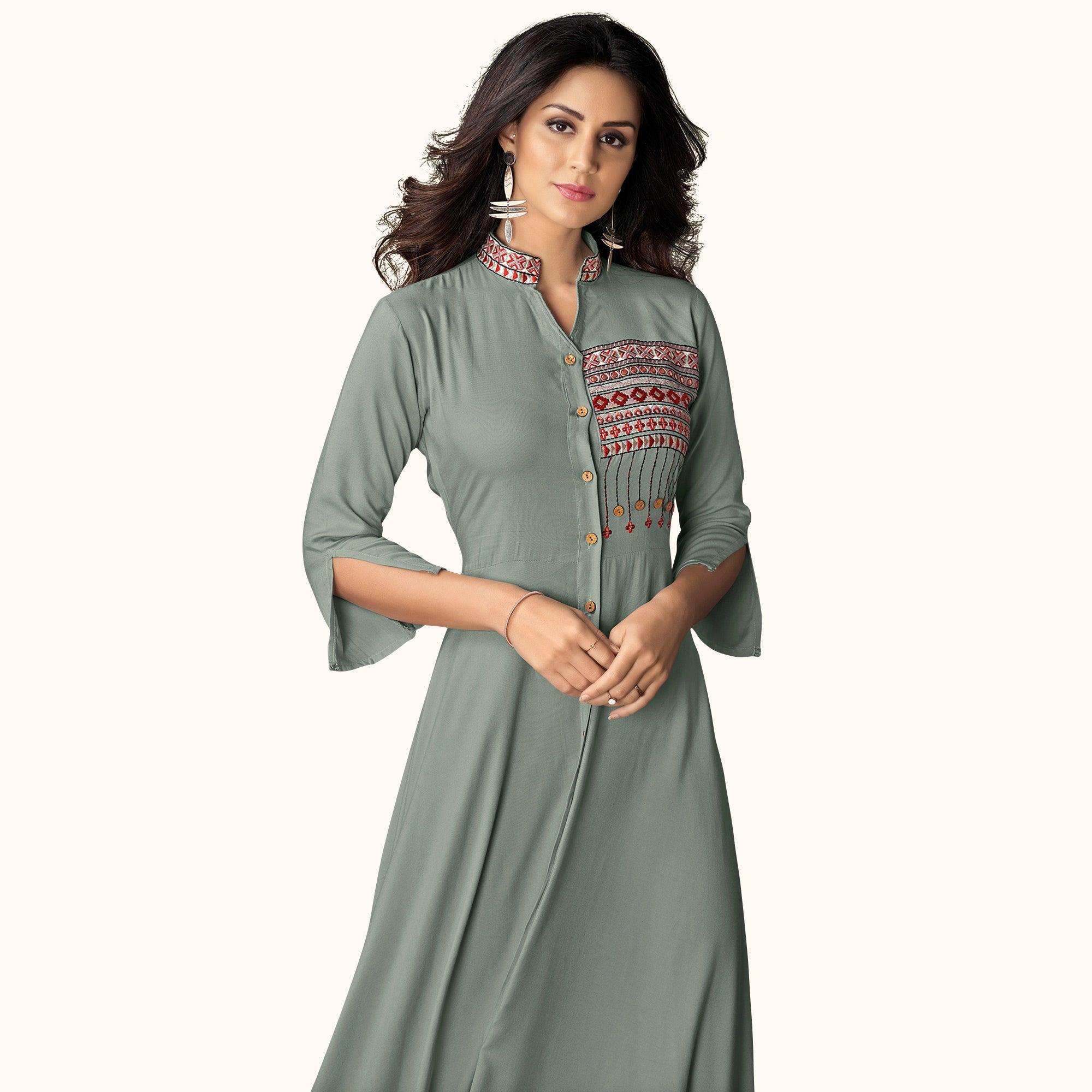 Delightful Gray Colored Partywear Embroidered Rayon Kurti - Peachmode