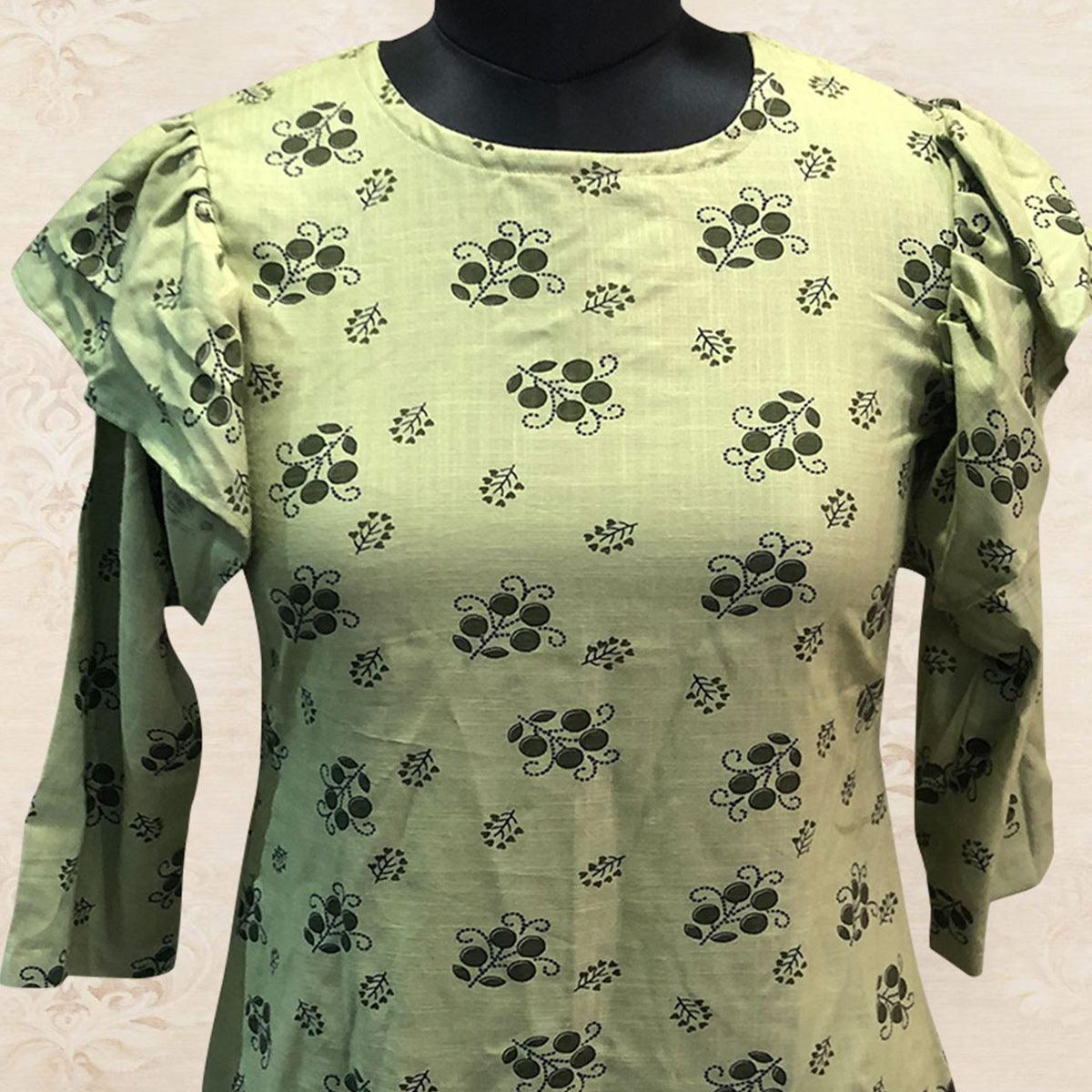 Delightful Green Colored Casual Printed Cotton Top - Peachmode