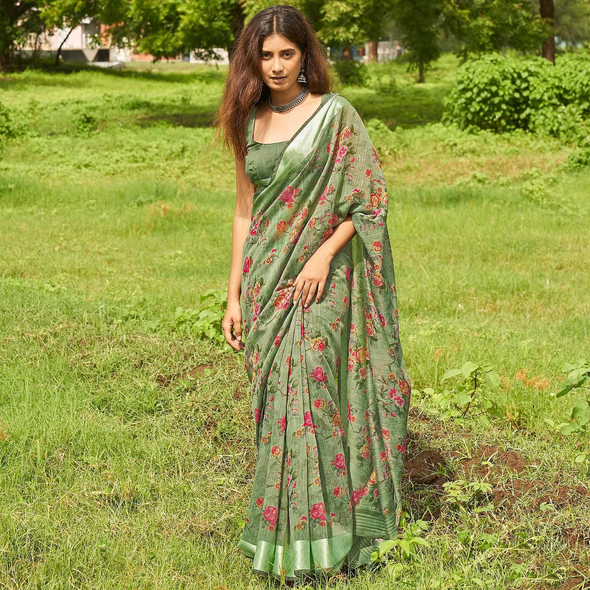 Delightful Green Colored Casual Wear Floral Printed Linen Cotton Saree - Peachmode