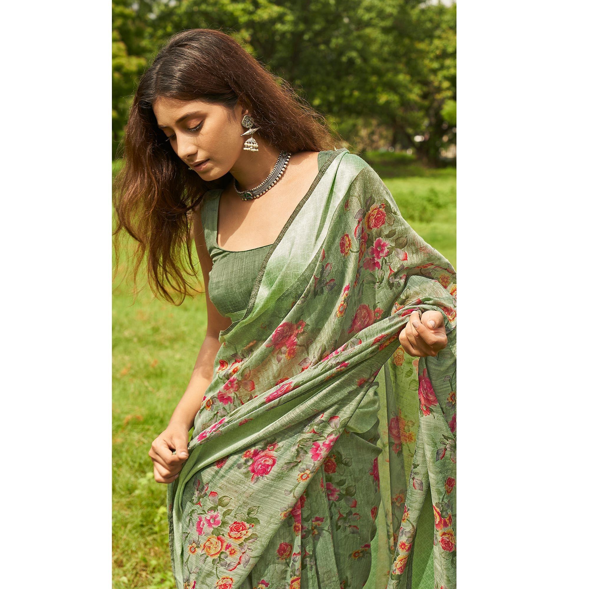 Delightful Green Colored Casual Wear Floral Printed Linen Cotton Saree - Peachmode
