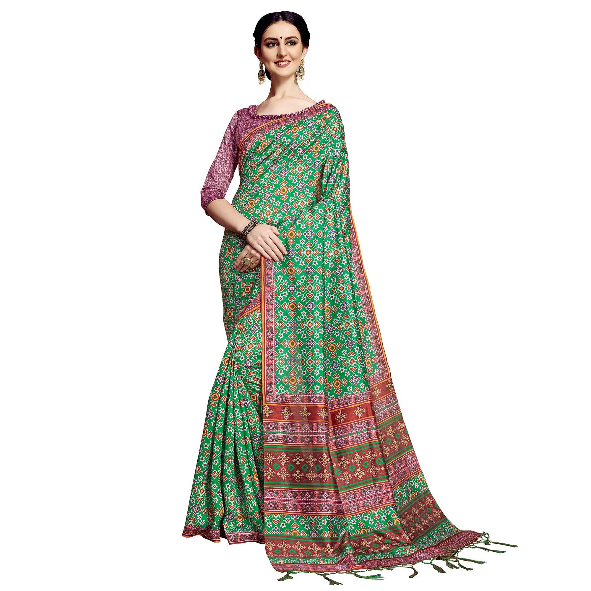 Delightful Green Colored Festive Wear Printed Silk Saree - Peachmode