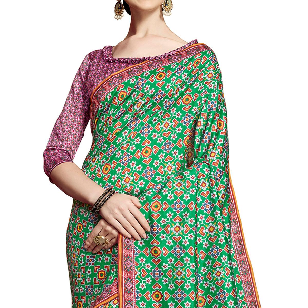 Delightful Green Colored Festive Wear Printed Silk Saree - Peachmode