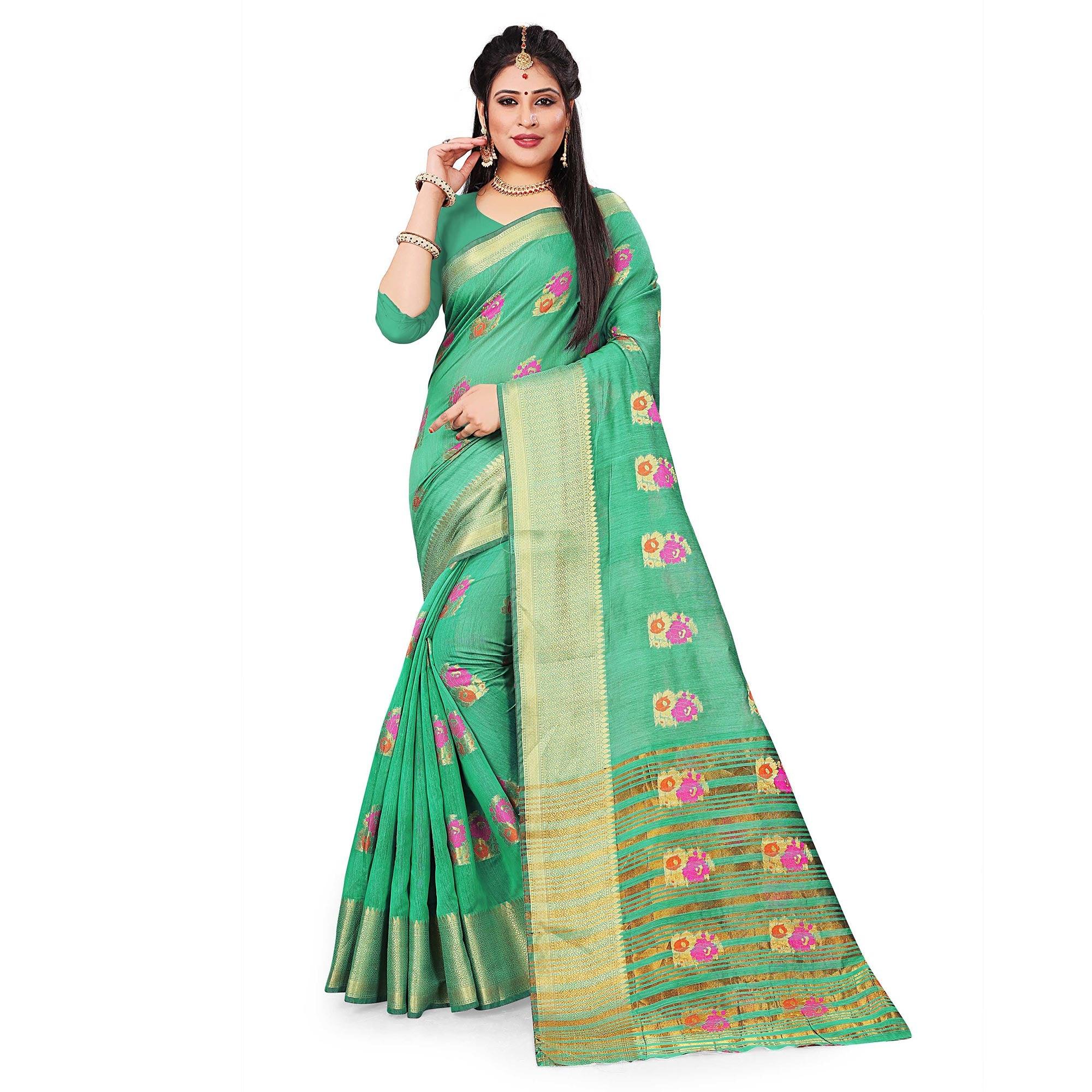 Delightful Green Colored Festive Wear Woven Cotton Silk Saree - Peachmode