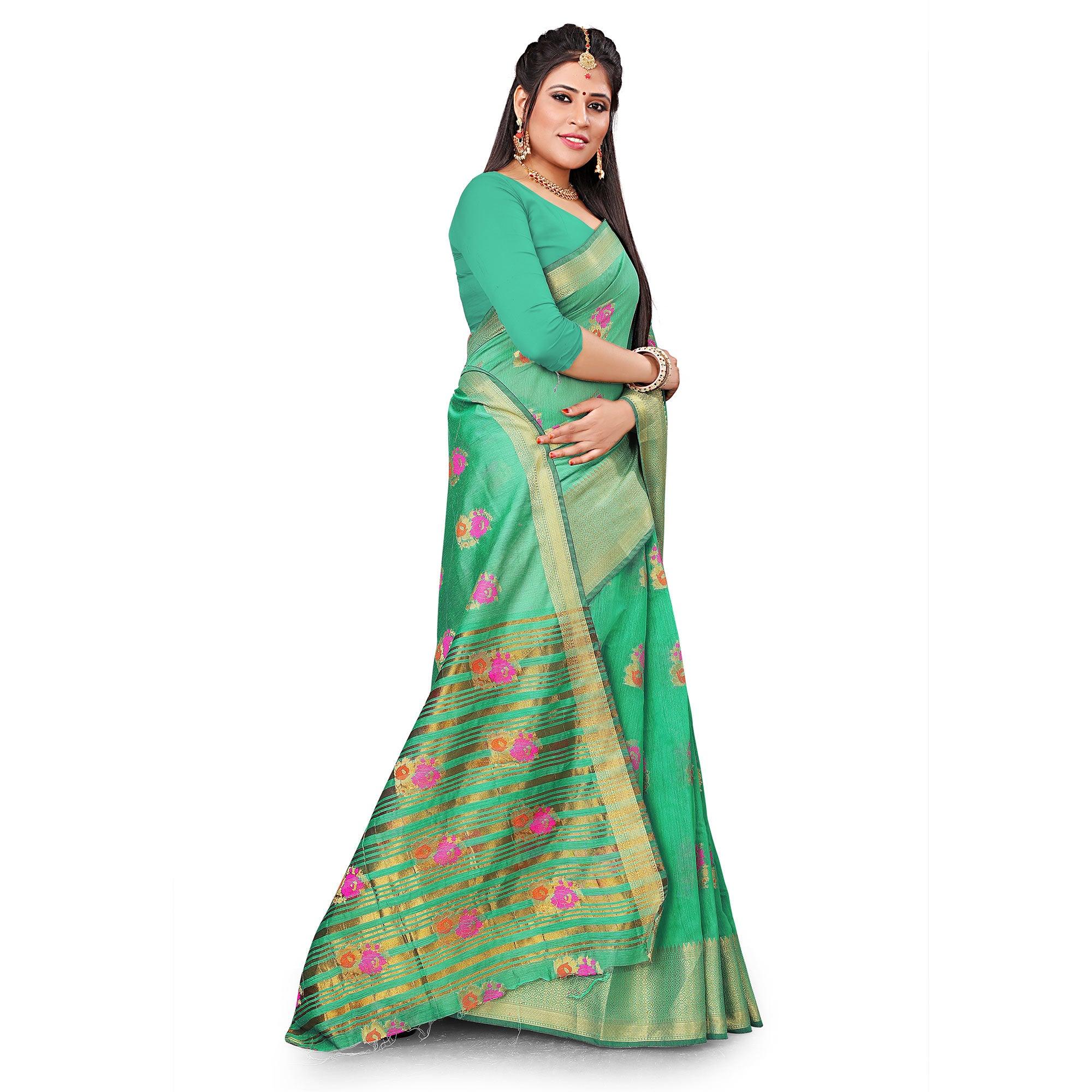Delightful Green Colored Festive Wear Woven Cotton Silk Saree - Peachmode
