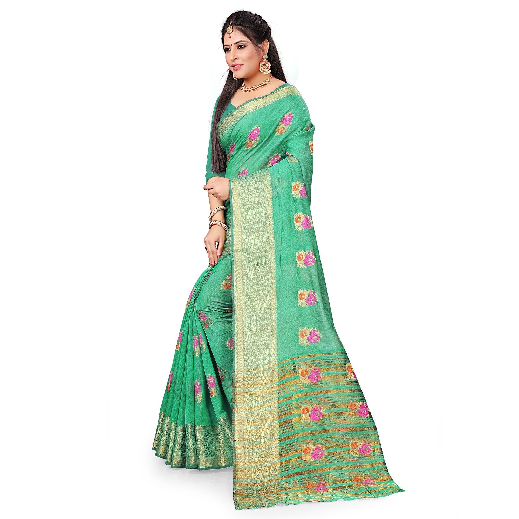 Delightful Green Colored Festive Wear Woven Cotton Silk Saree - Peachmode