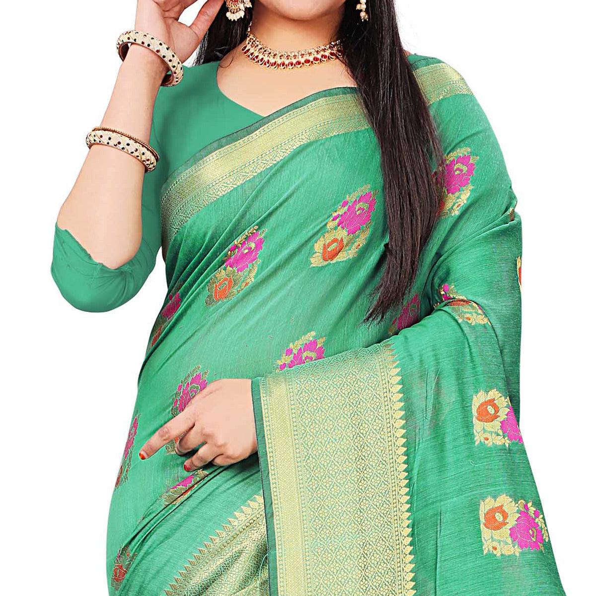 Delightful Green Colored Festive Wear Woven Cotton Silk Saree - Peachmode