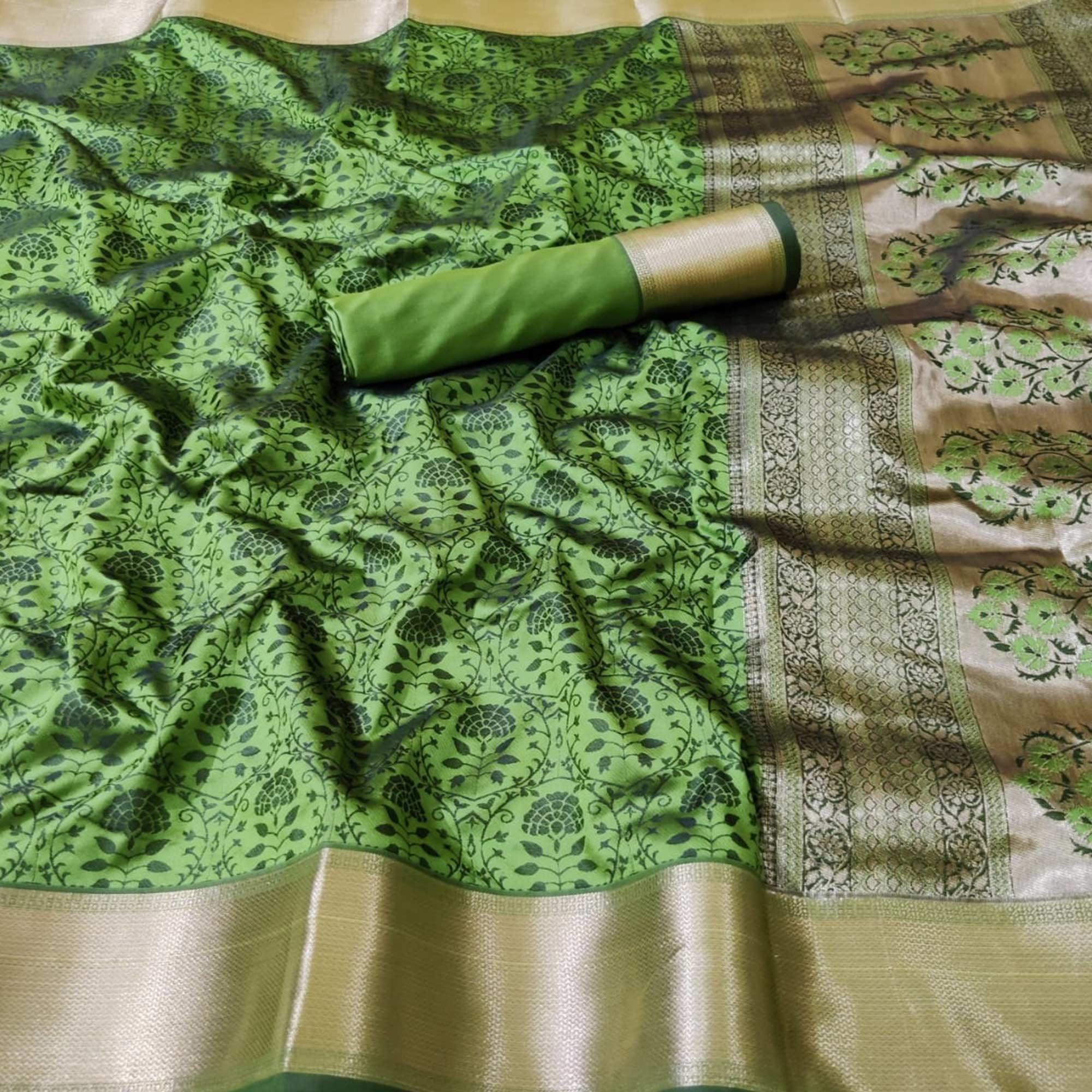 Delightful Green Colored Festive Wear Woven Heavy Silk Saree - Peachmode