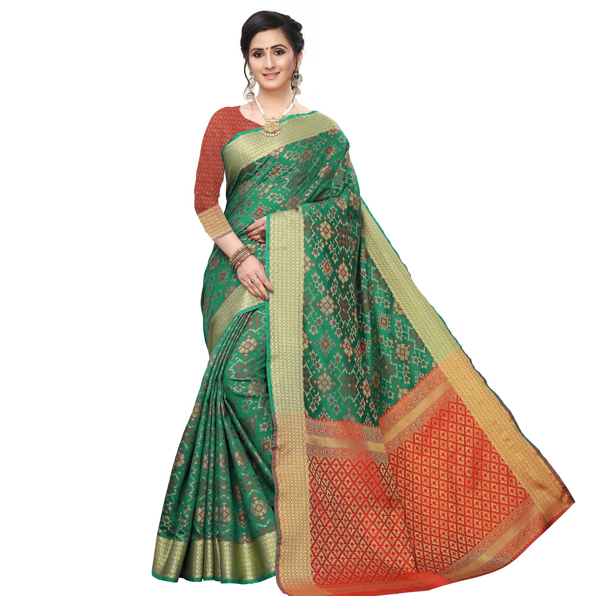 Delightful Green Colored Festive Wear Woven Kanjivaram Silk Saree - Peachmode