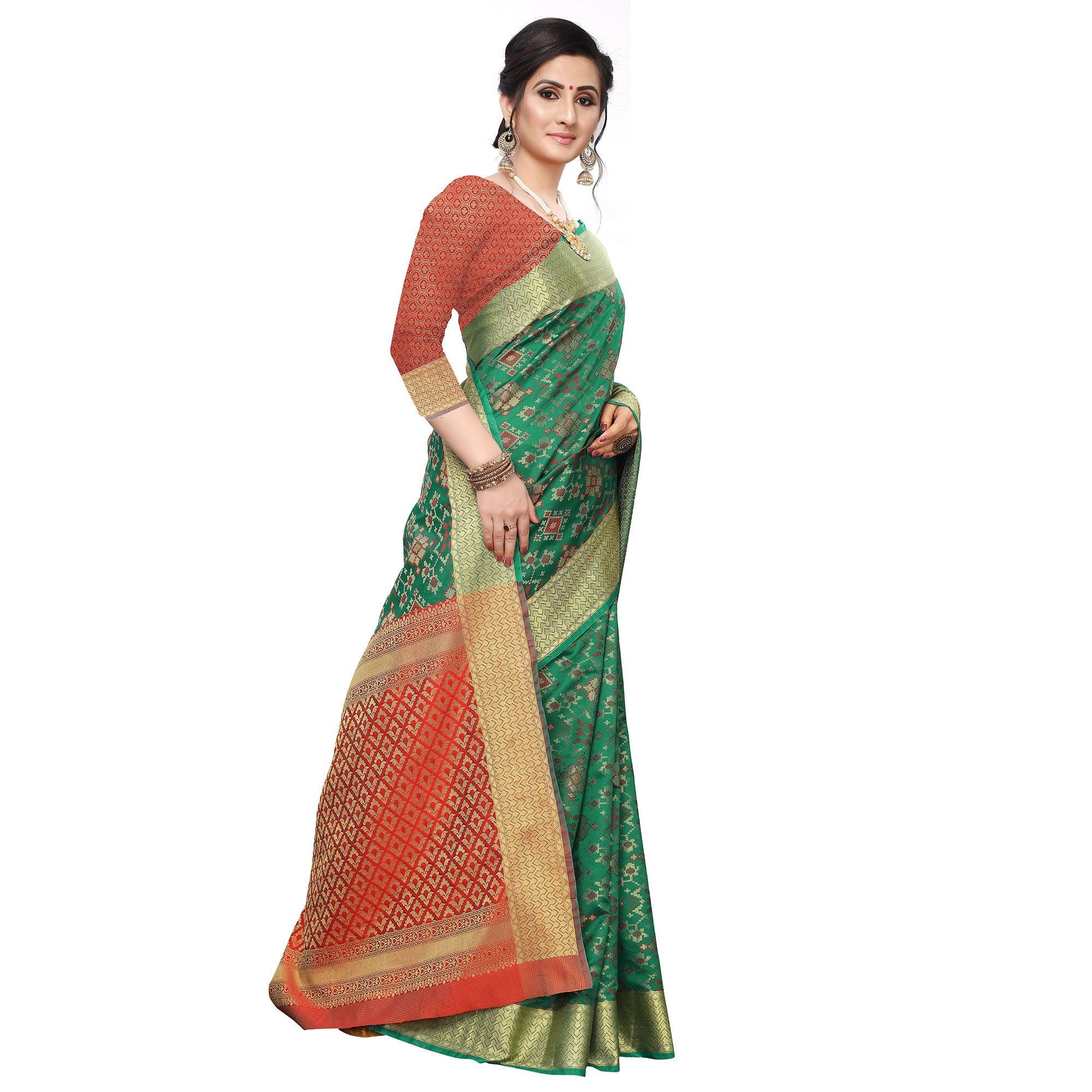 Delightful Green Colored Festive Wear Woven Kanjivaram Silk Saree - Peachmode
