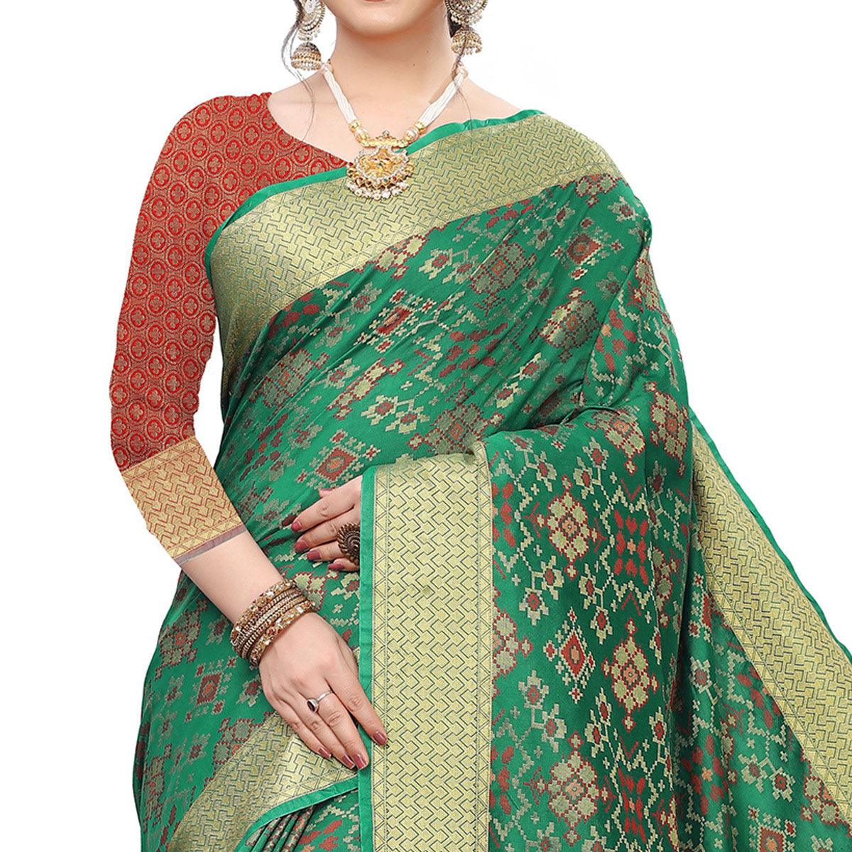 Delightful Green Colored Festive Wear Woven Kanjivaram Silk Saree - Peachmode