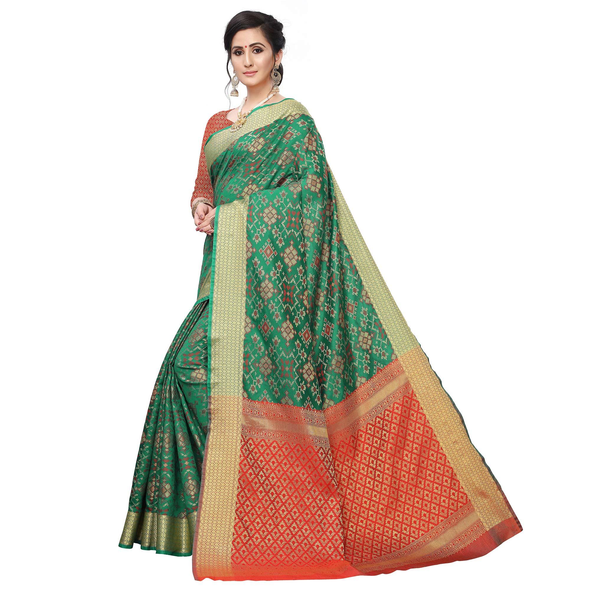 Delightful Green Colored Festive Wear Woven Kanjivaram Silk Saree - Peachmode