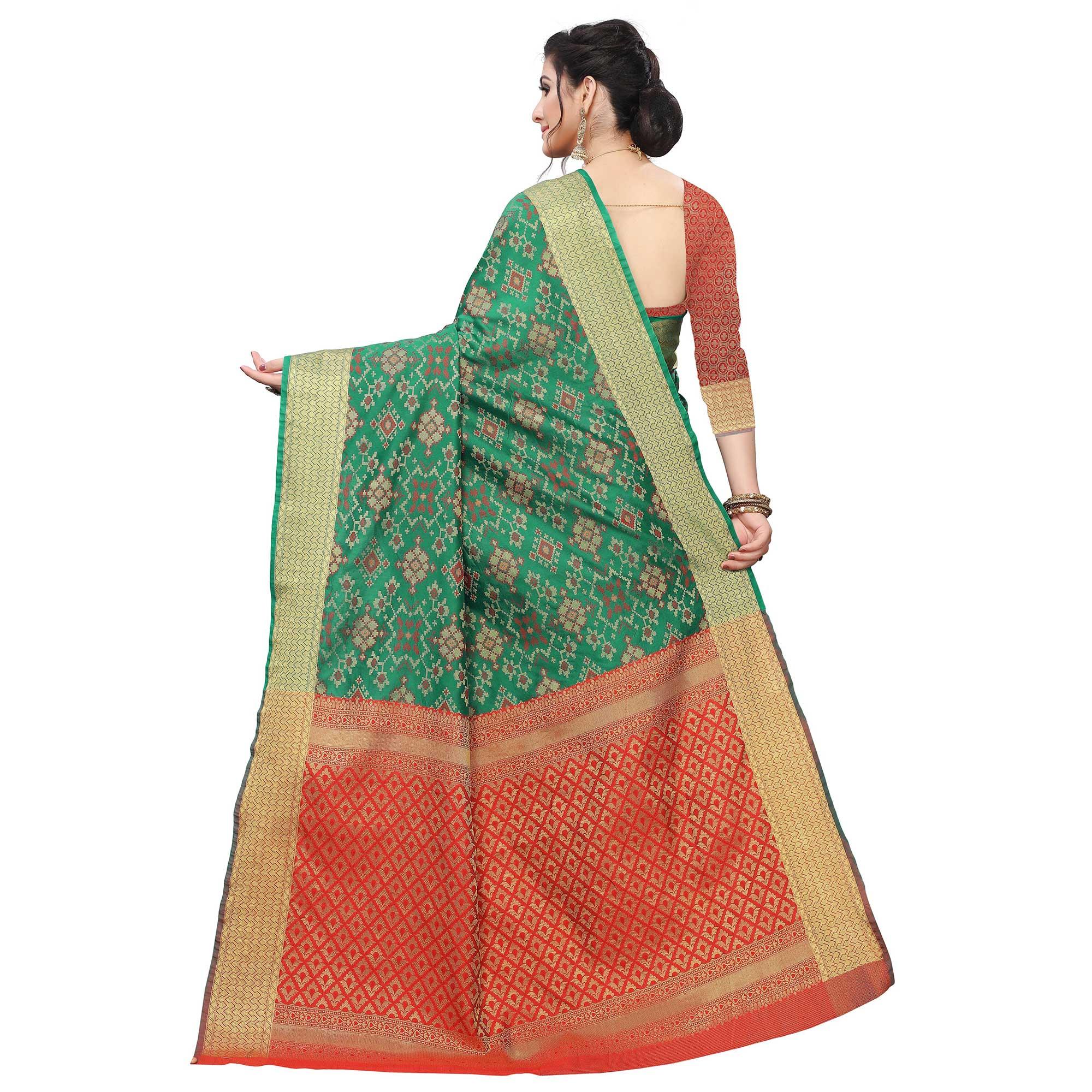 Delightful Green Colored Festive Wear Woven Kanjivaram Silk Saree - Peachmode