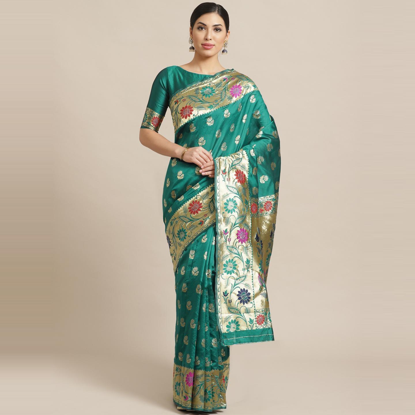 Delightful Green Colored Festive Wear Woven Silk Blend Banarasi Saree - Peachmode