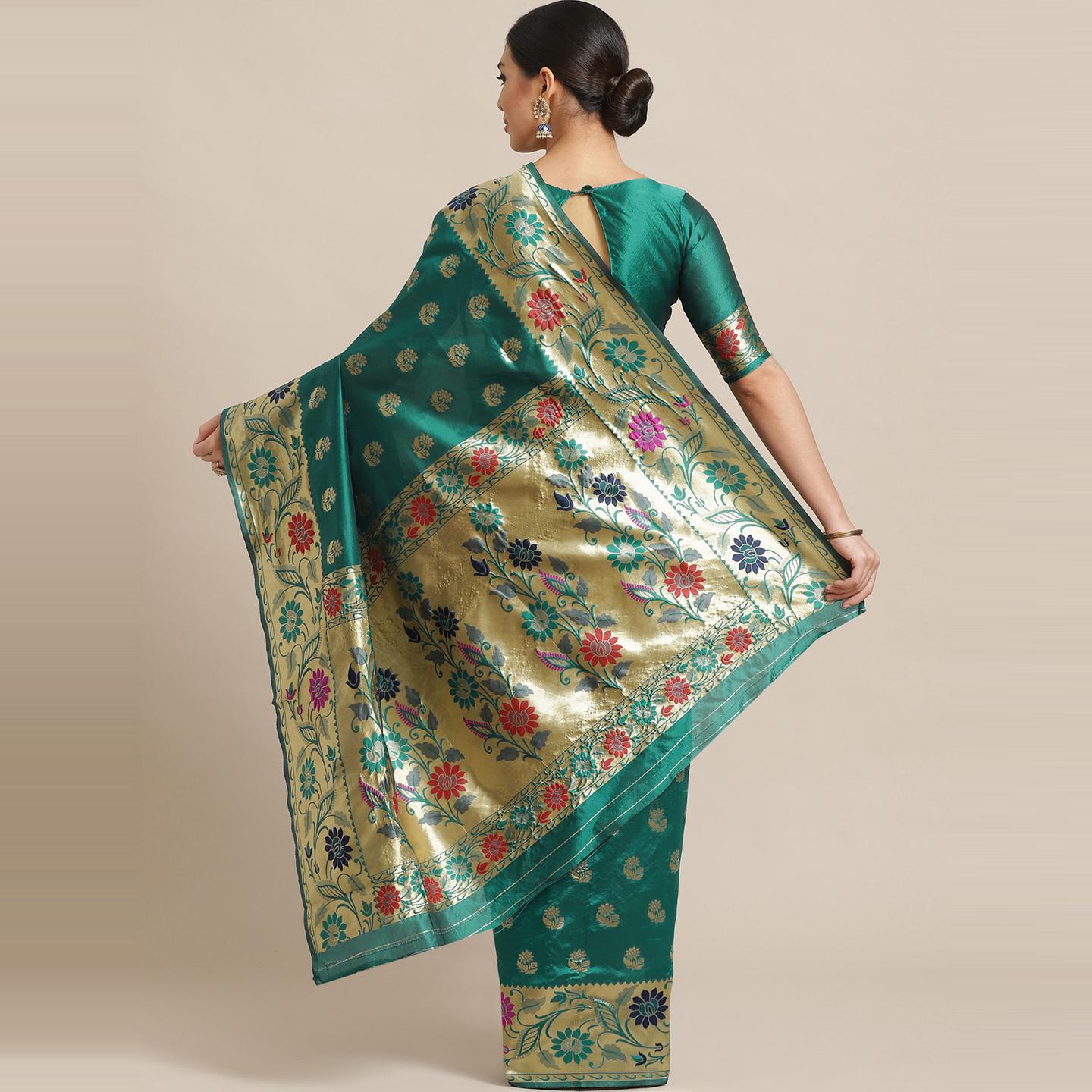 Delightful Green Colored Festive Wear Woven Silk Blend Banarasi Saree - Peachmode