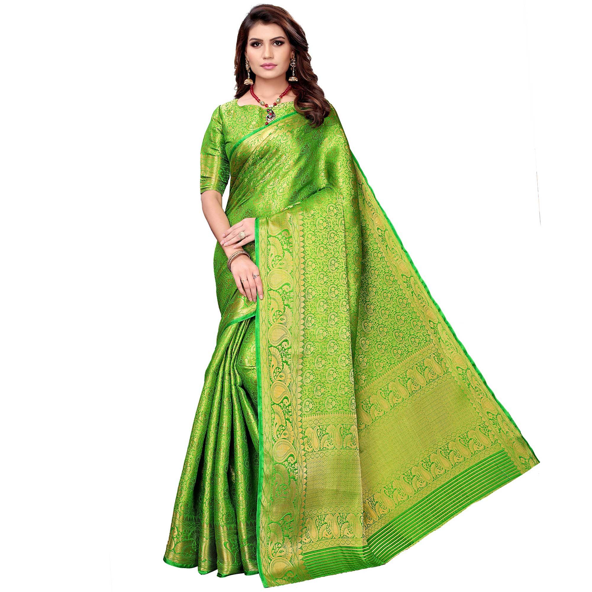 Delightful Green Colored Festive Wear Woven Silk Saree - Peachmode