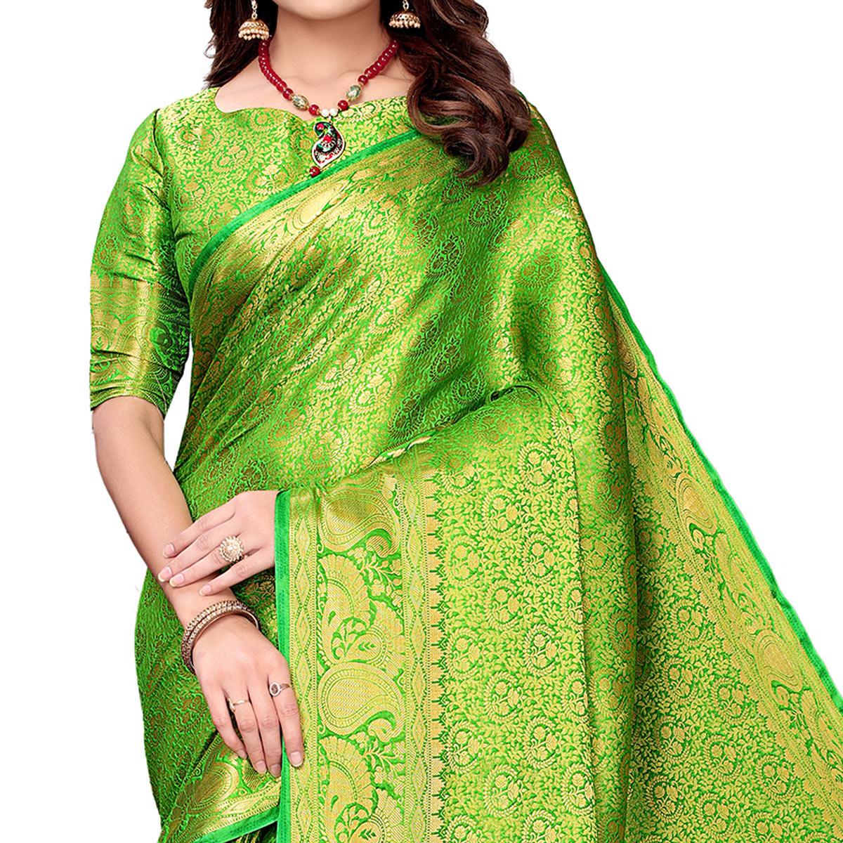 Delightful Green Colored Festive Wear Woven Silk Saree - Peachmode