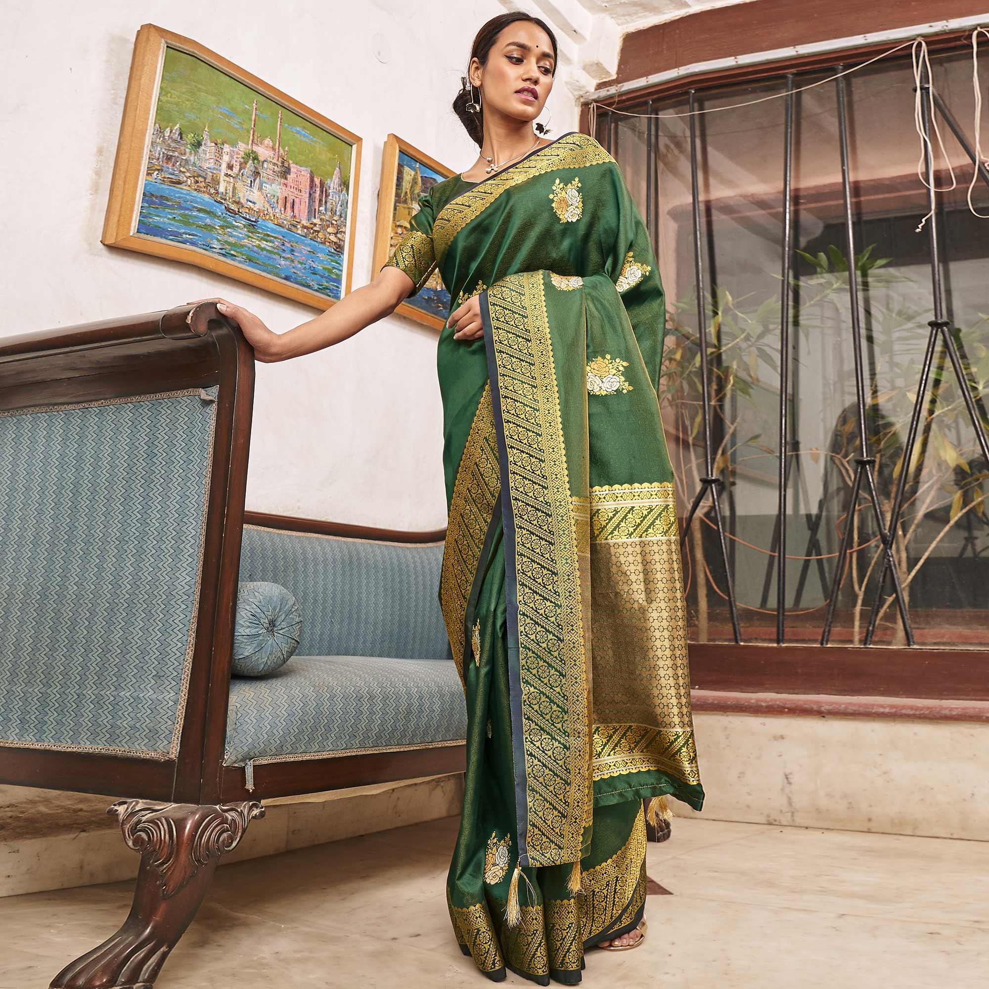 Delightful Green Colored Festive Wear Woven Soft Silk Saree - Peachmode