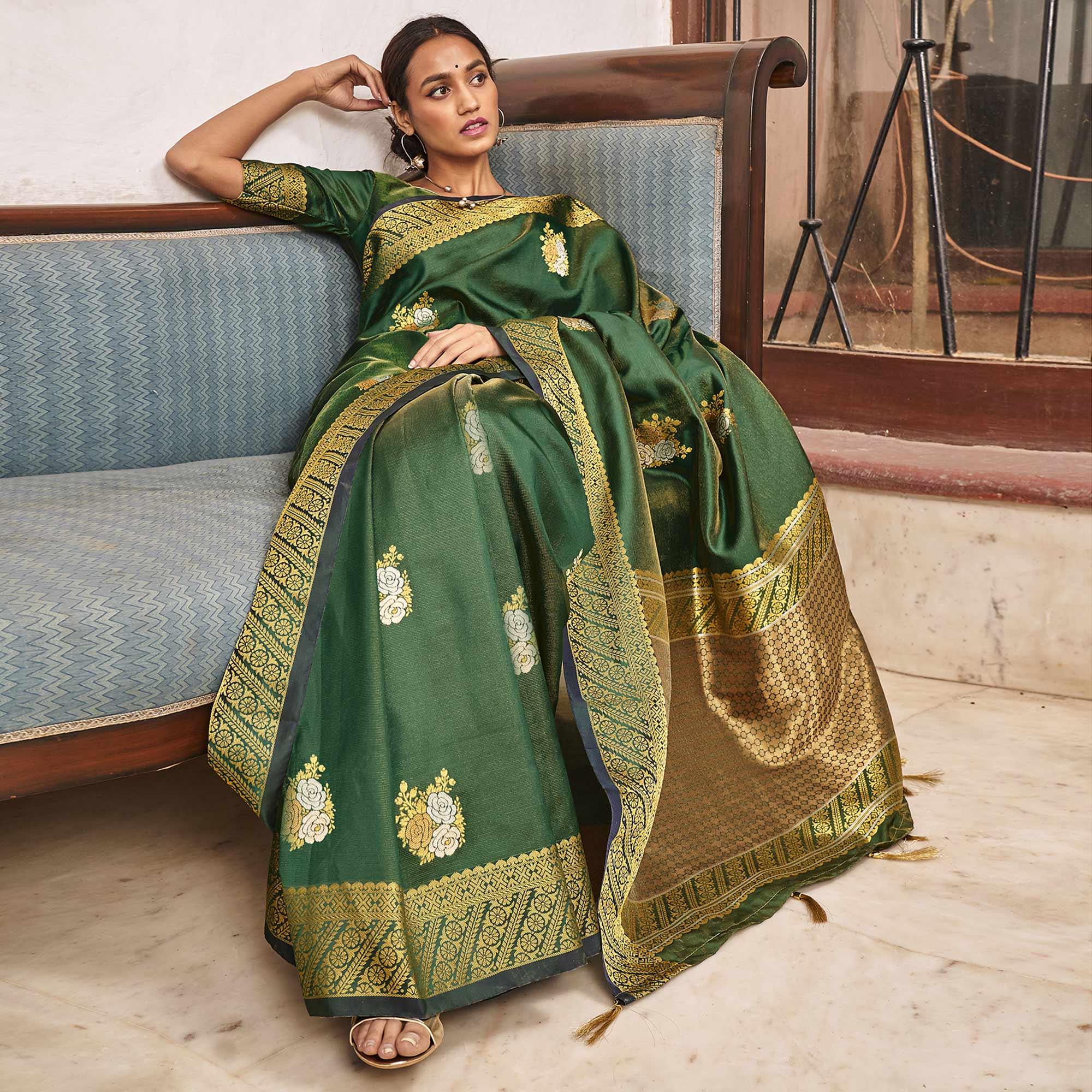 Delightful Green Colored Festive Wear Woven Soft Silk Saree - Peachmode