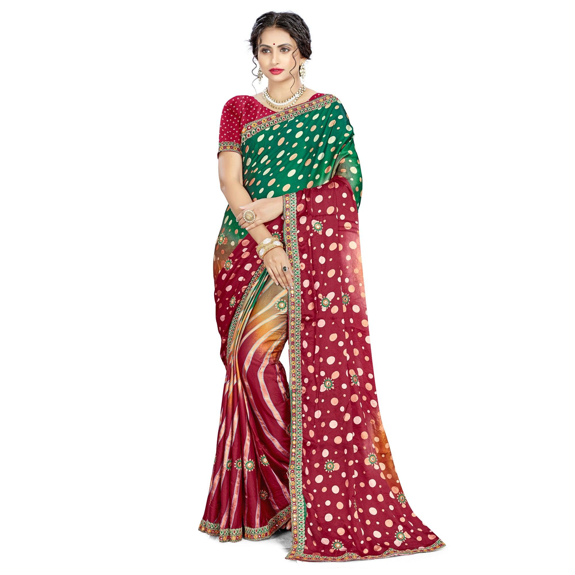 Delightful Green - Maroon Colored Casual Wear Printed Satin Saree - Peachmode