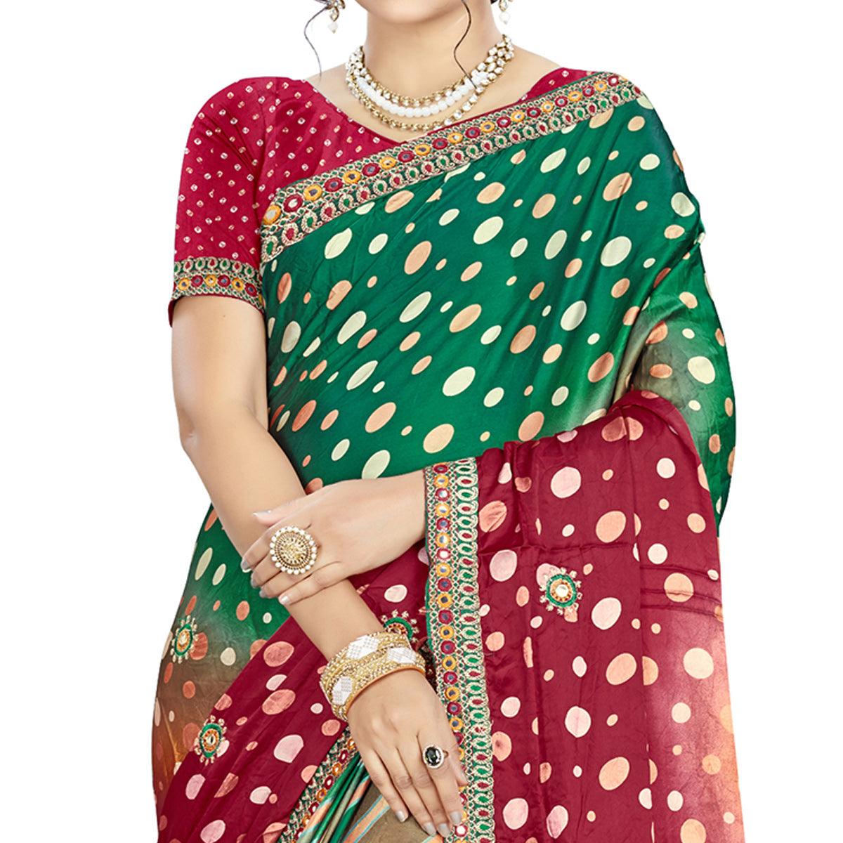 Delightful Green - Maroon Colored Casual Wear Printed Satin Saree - Peachmode