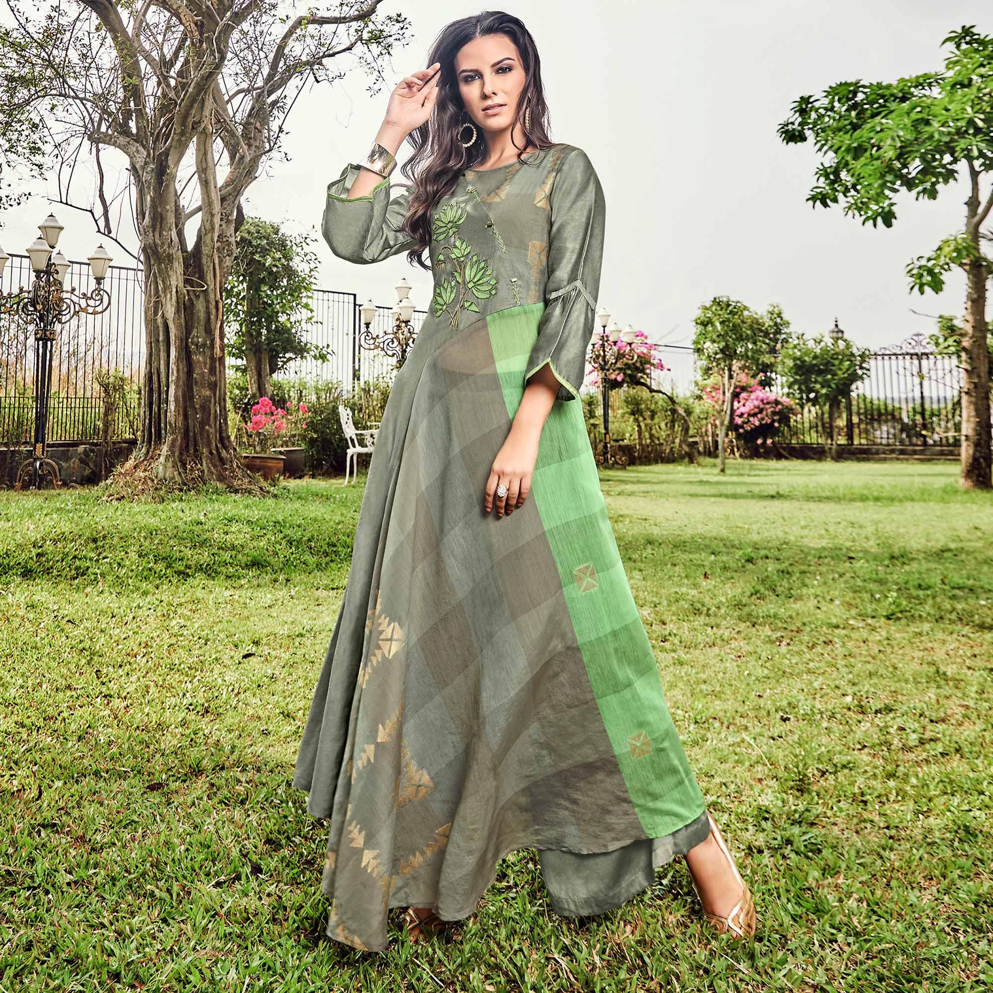 Delightful Grey Colored Party Wear Printed Modal-Jacquard Long Kurti - Peachmode