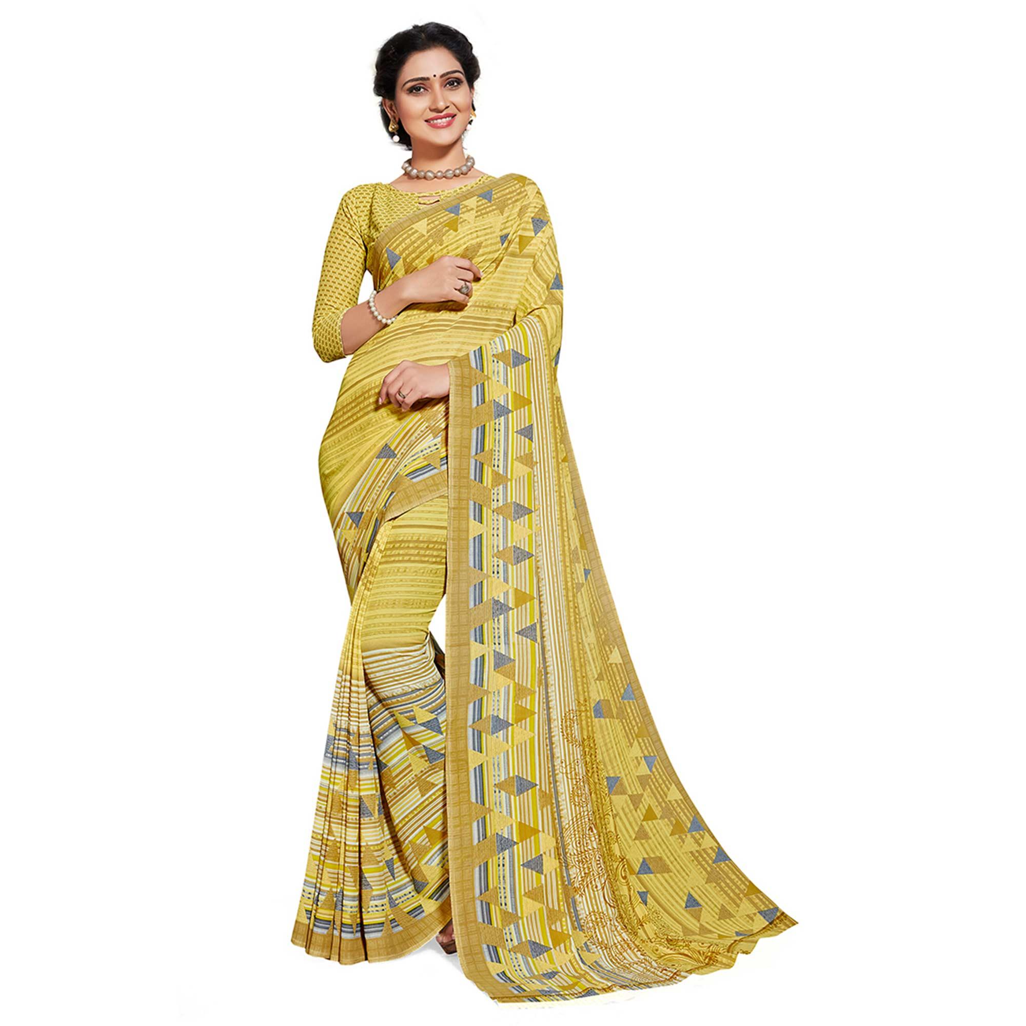 Delightful Lemon Green Colored Casual Printed Georgette Saree - Peachmode
