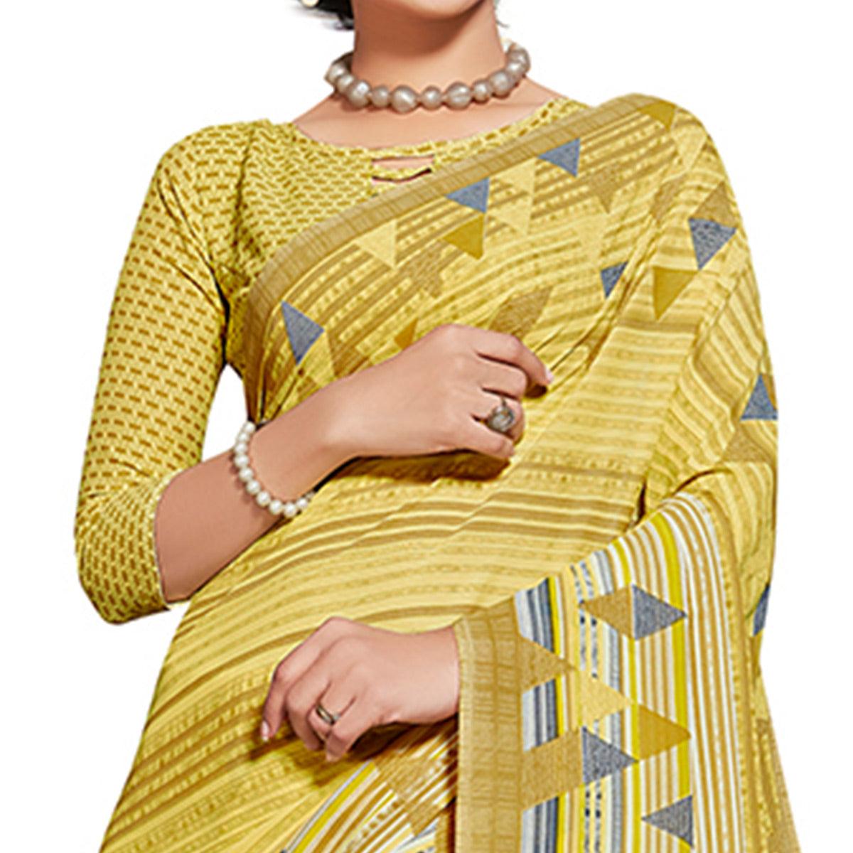 Delightful Lemon Green Colored Casual Printed Georgette Saree - Peachmode