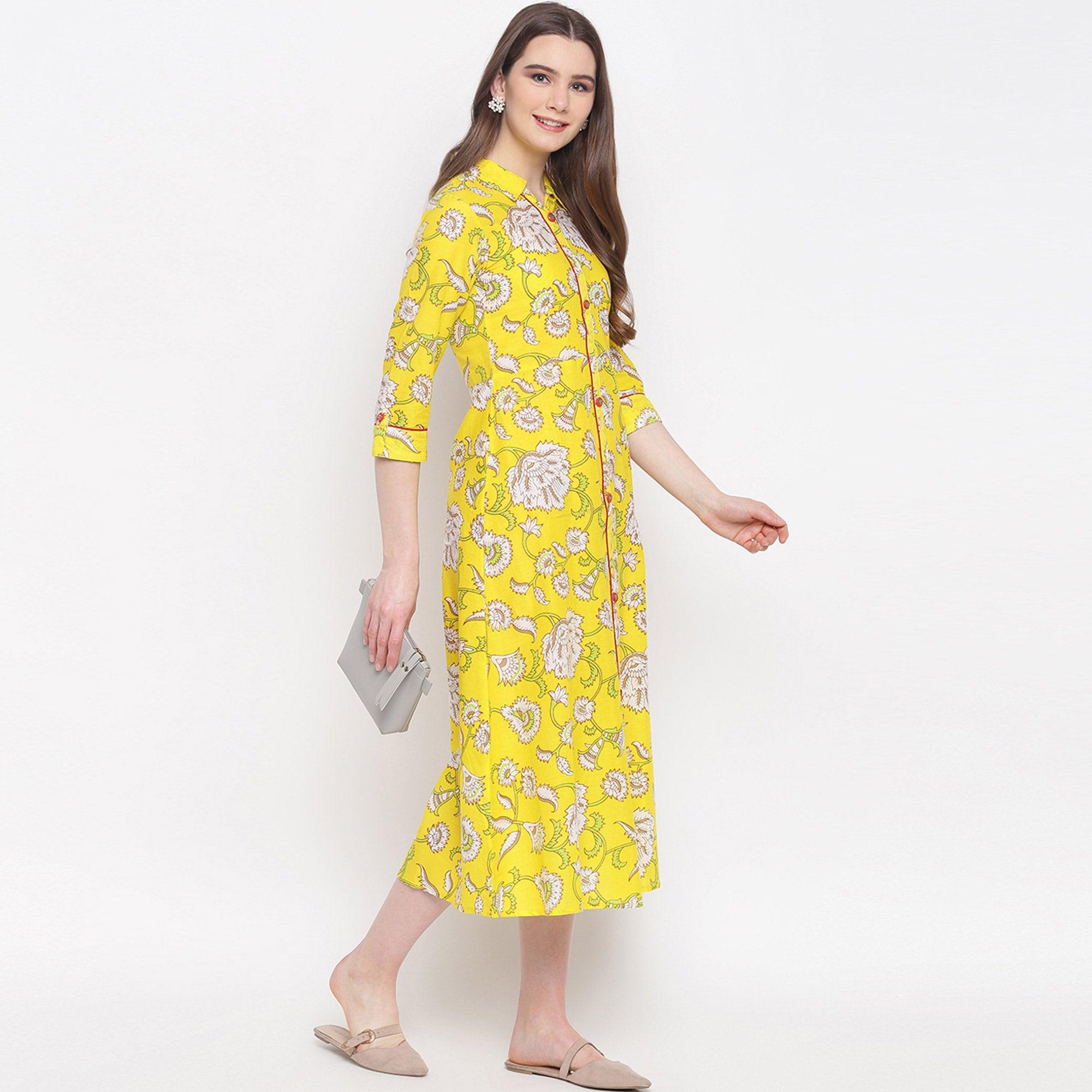 Delightful Lemon Yellow Colored Casual Wear Printed A-Line Calf Length Cambric Kurti - Peachmode