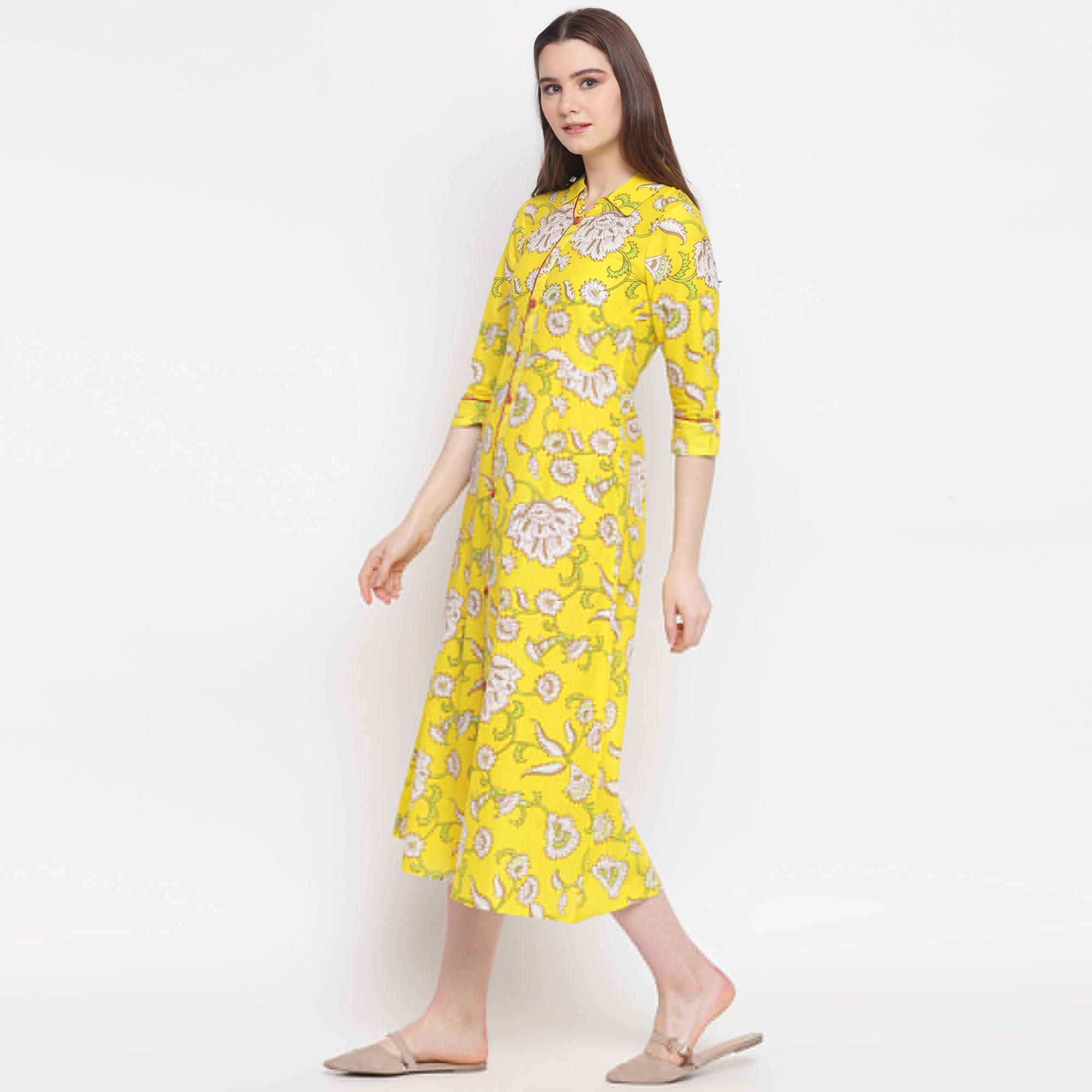 Delightful Lemon Yellow Colored Casual Wear Printed A-Line Calf Length Cambric Kurti - Peachmode