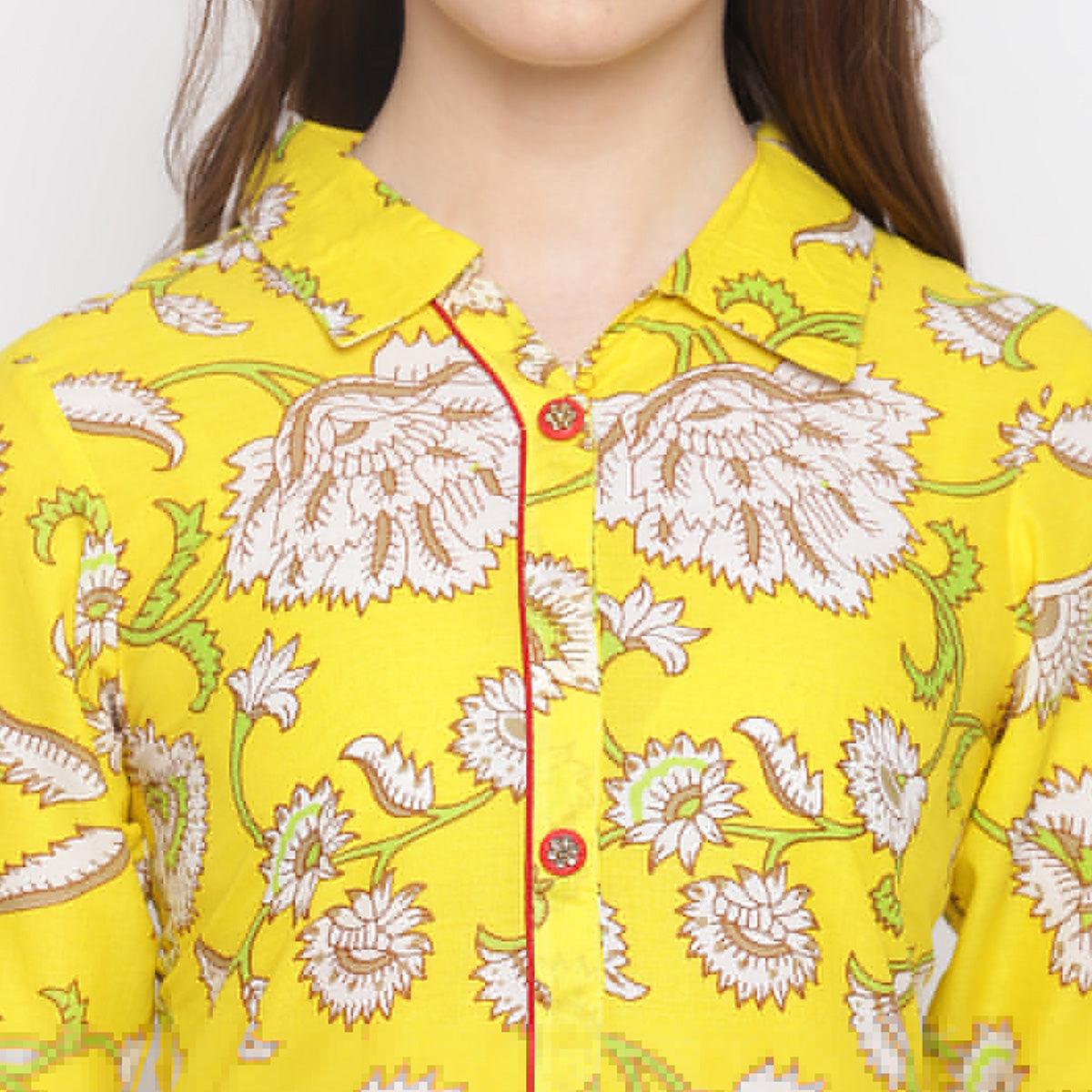 Delightful Lemon Yellow Colored Casual Wear Printed A-Line Calf Length Cambric Kurti - Peachmode