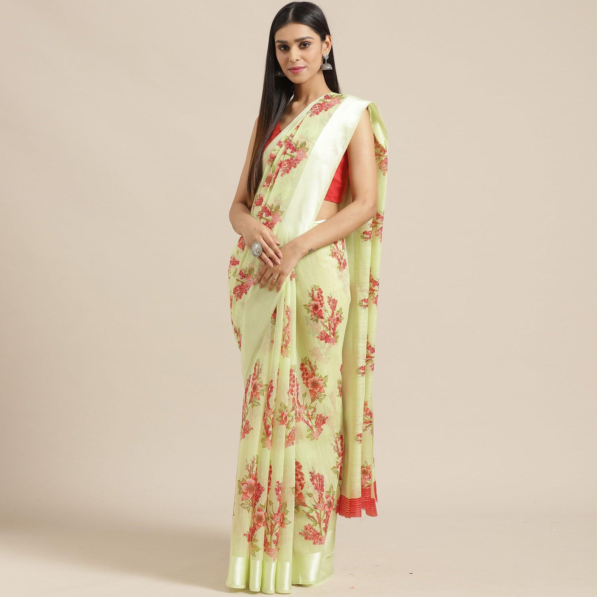 Delightful Light Green Colored Casual Wear Printed Cotton Blend Saree - Peachmode