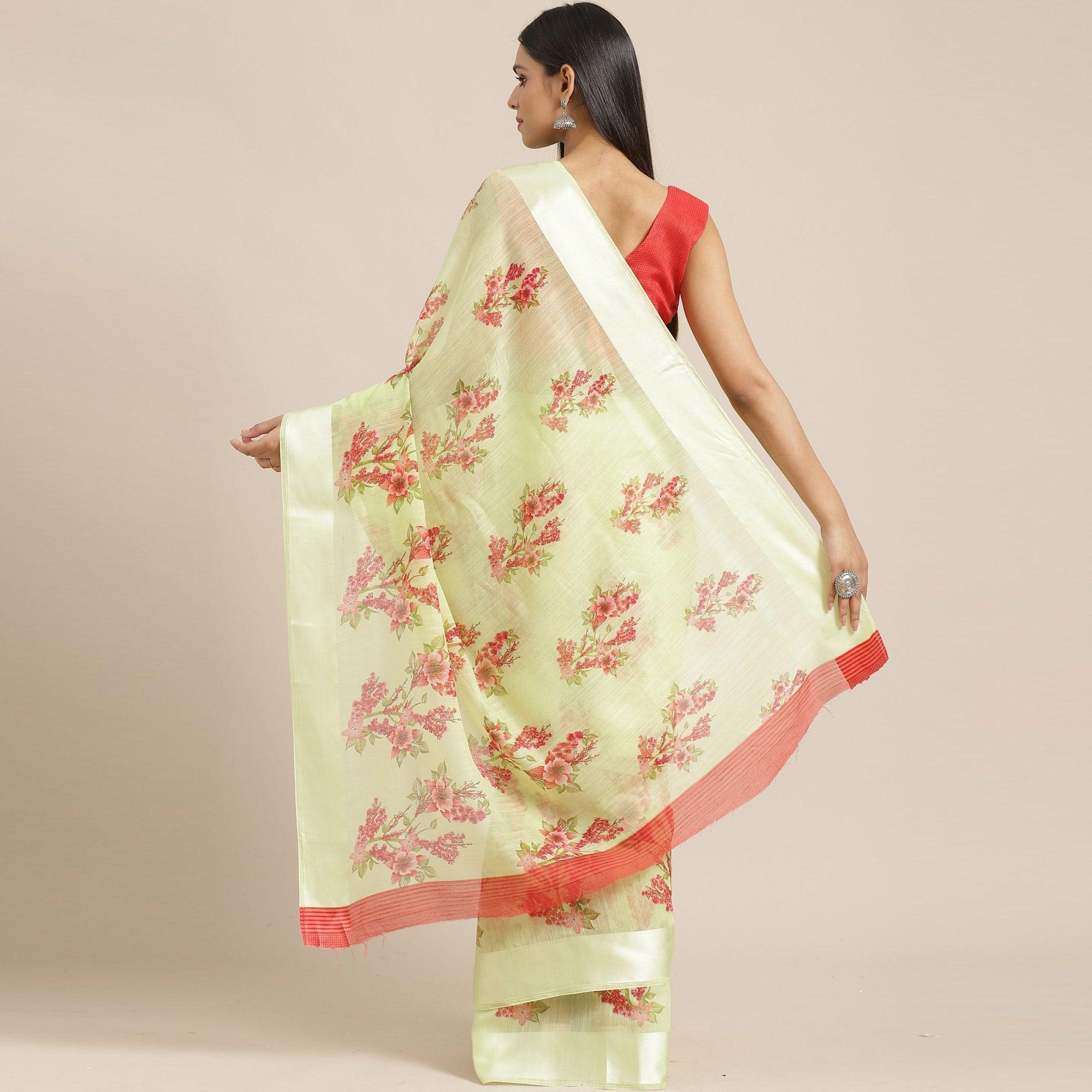 Delightful Light Green Colored Casual Wear Printed Cotton Blend Saree - Peachmode