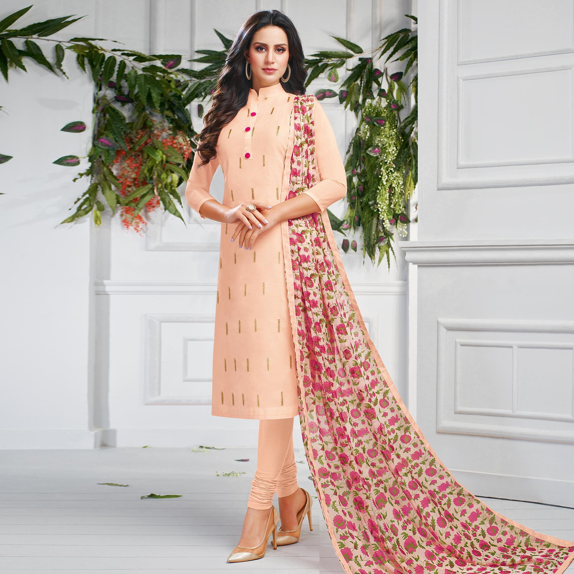 Delightful Light Peach Colored Casual Wear Embroidered Chanderi Dress Material - Peachmode