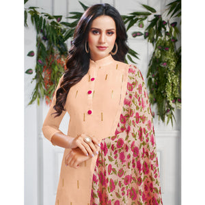 Delightful Light Peach Colored Casual Wear Embroidered Chanderi Dress Material - Peachmode