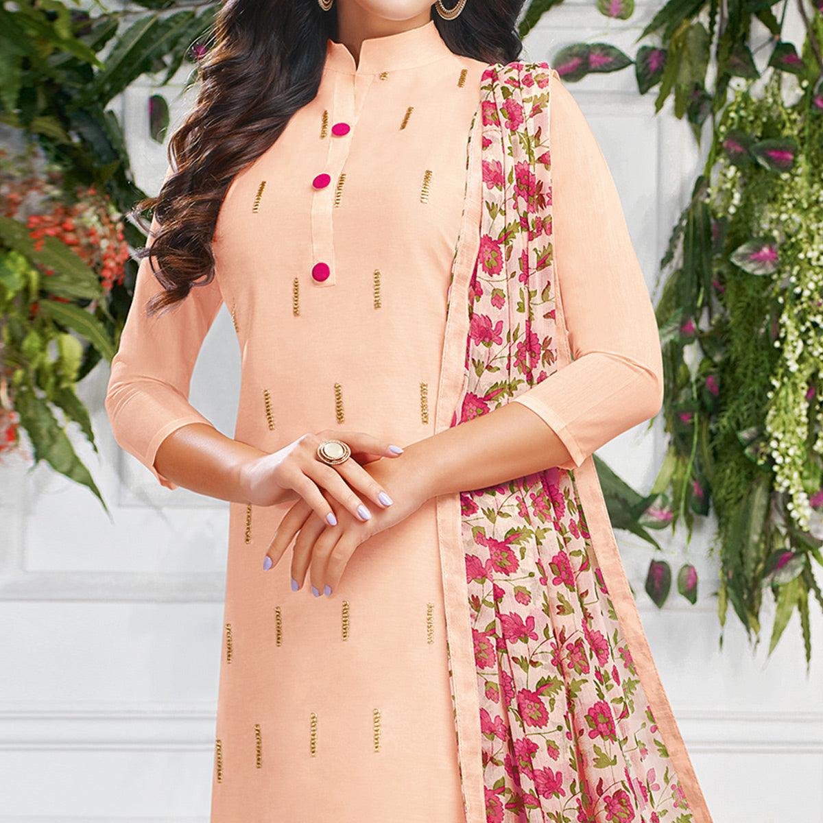 Delightful Light Peach Colored Casual Wear Embroidered Chanderi Dress Material - Peachmode