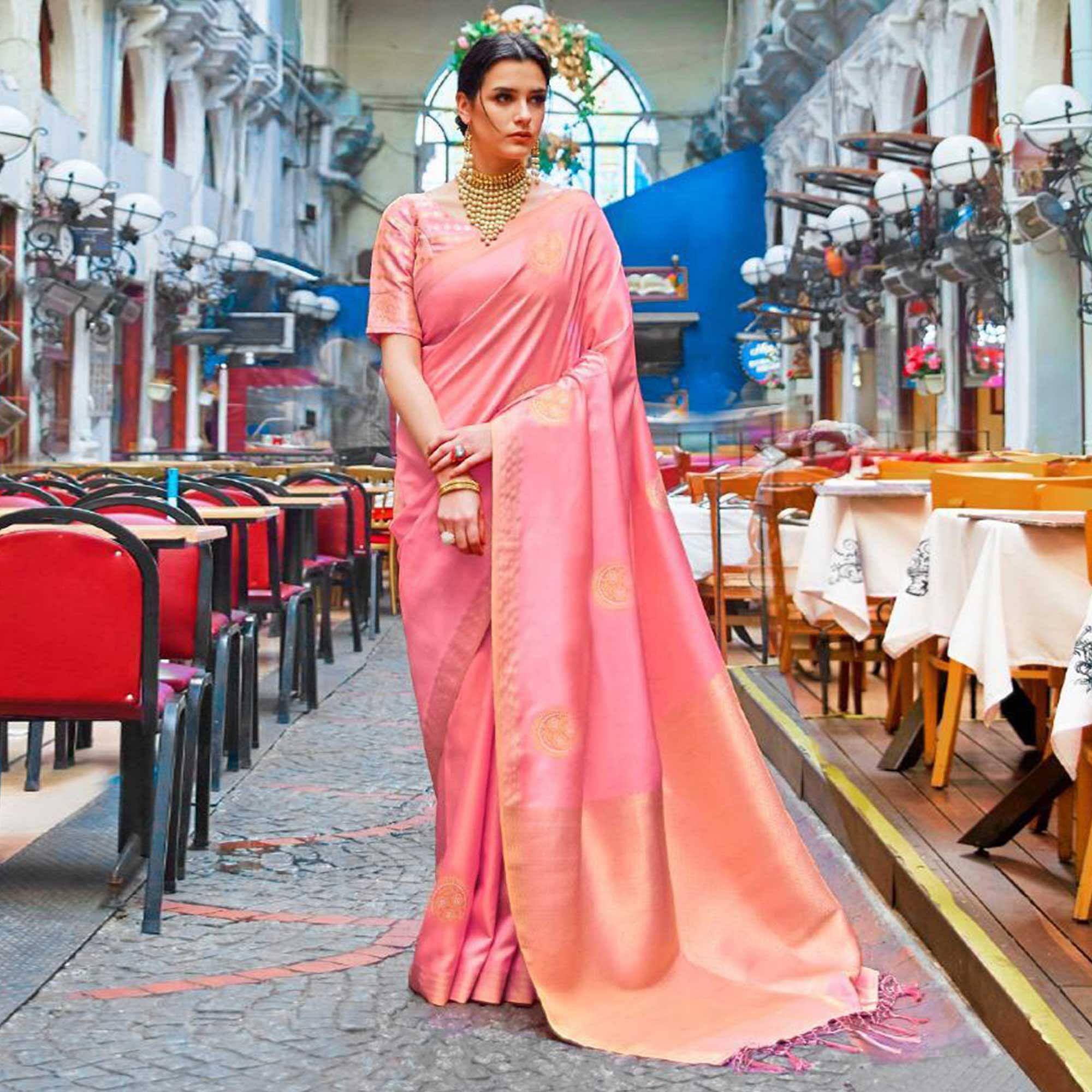 Delightful Light Pink Colored Festive Wear Woven Banarasi Silk Saree - Peachmode
